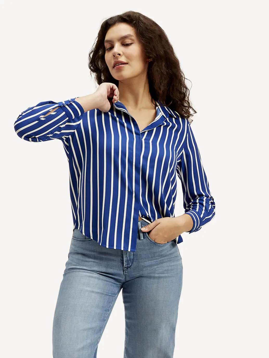 Women's Striped Spread Collar Shirt 1