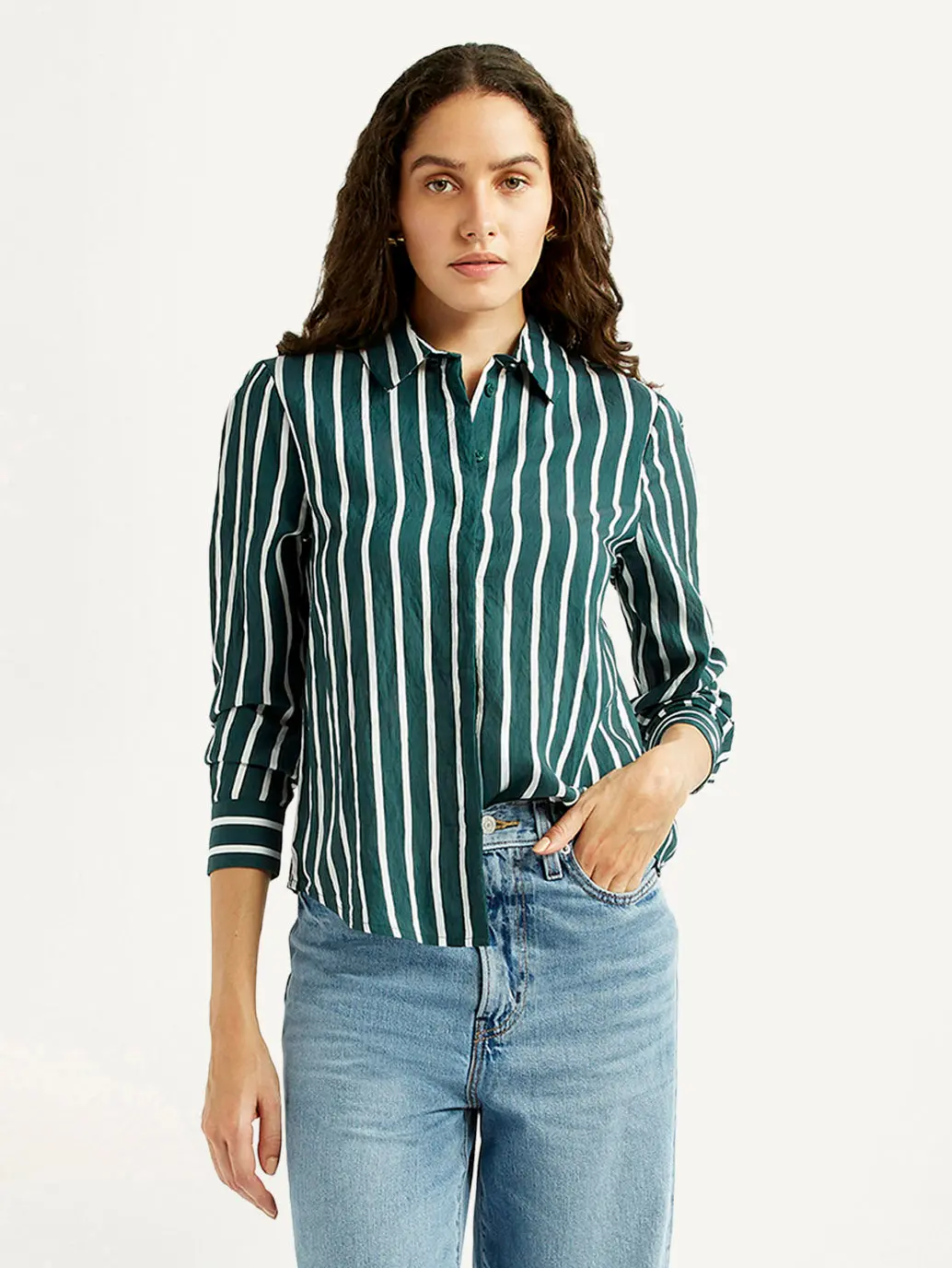 Women's Striped Green Spread Collar Shirt 1
