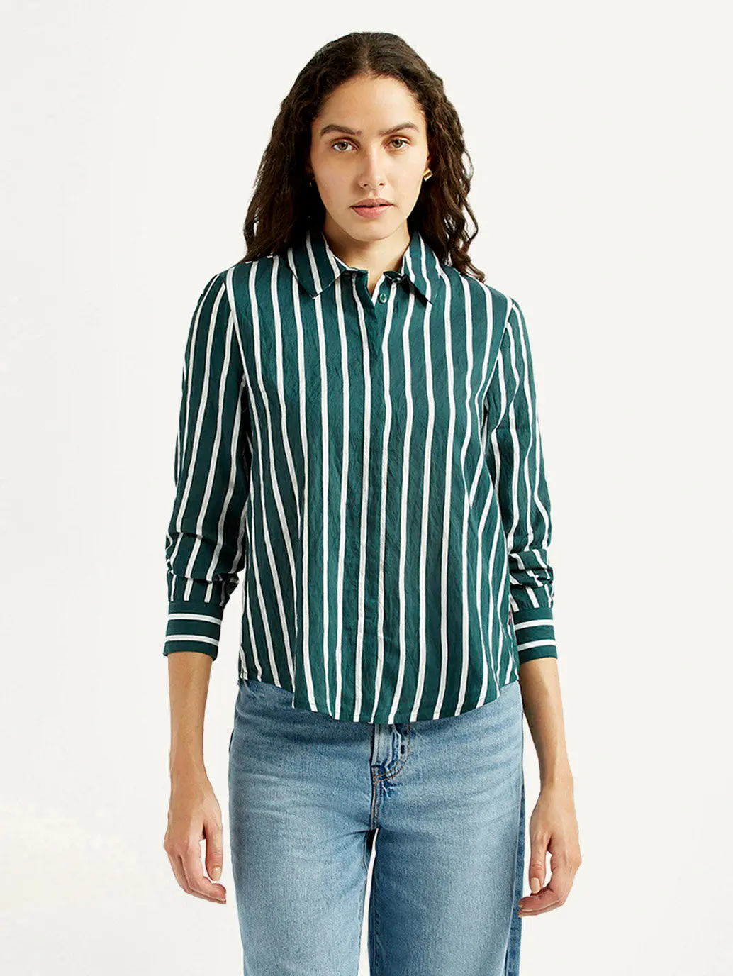 Women's Striped Green Spread Collar Shirt 5