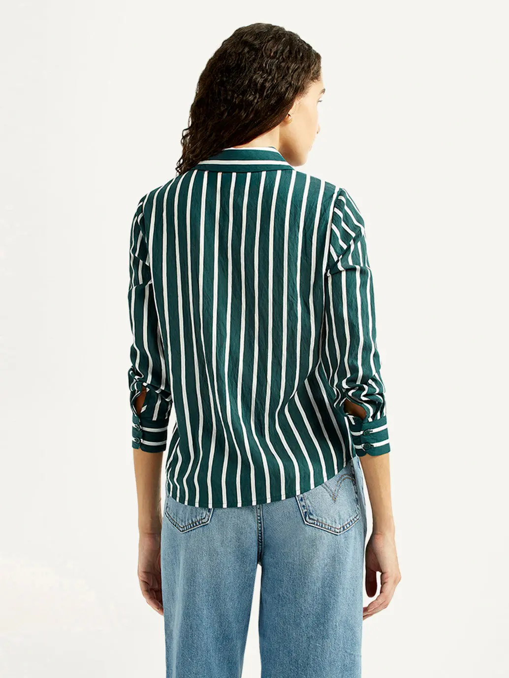 Women's Striped Green Spread Collar Shirt 2