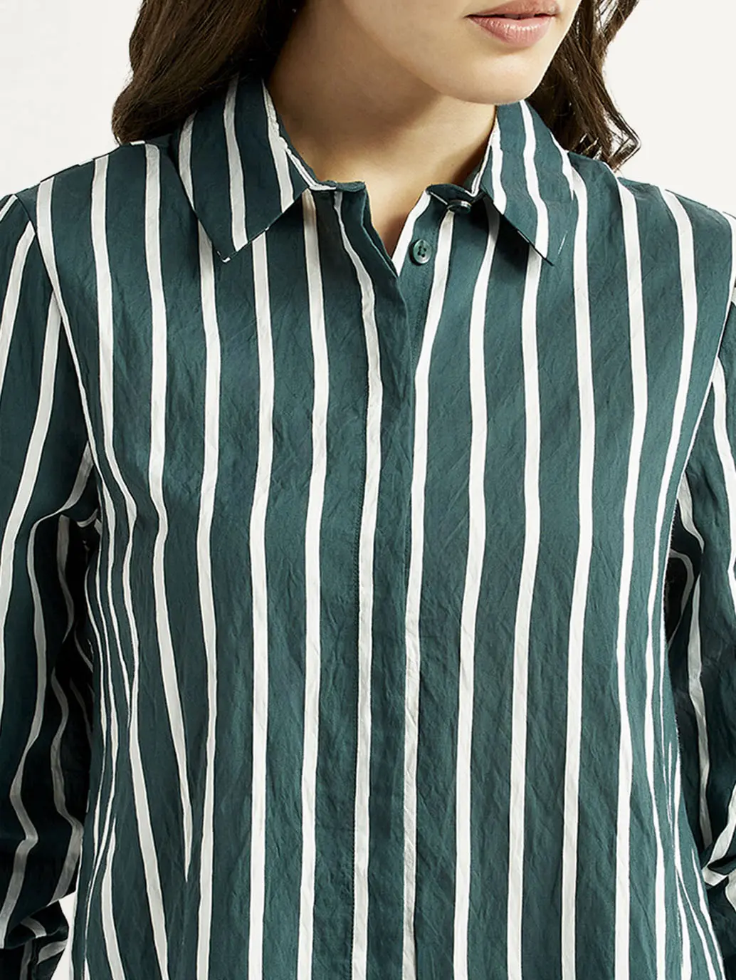 Women's Striped Green Spread Collar Shirt 3