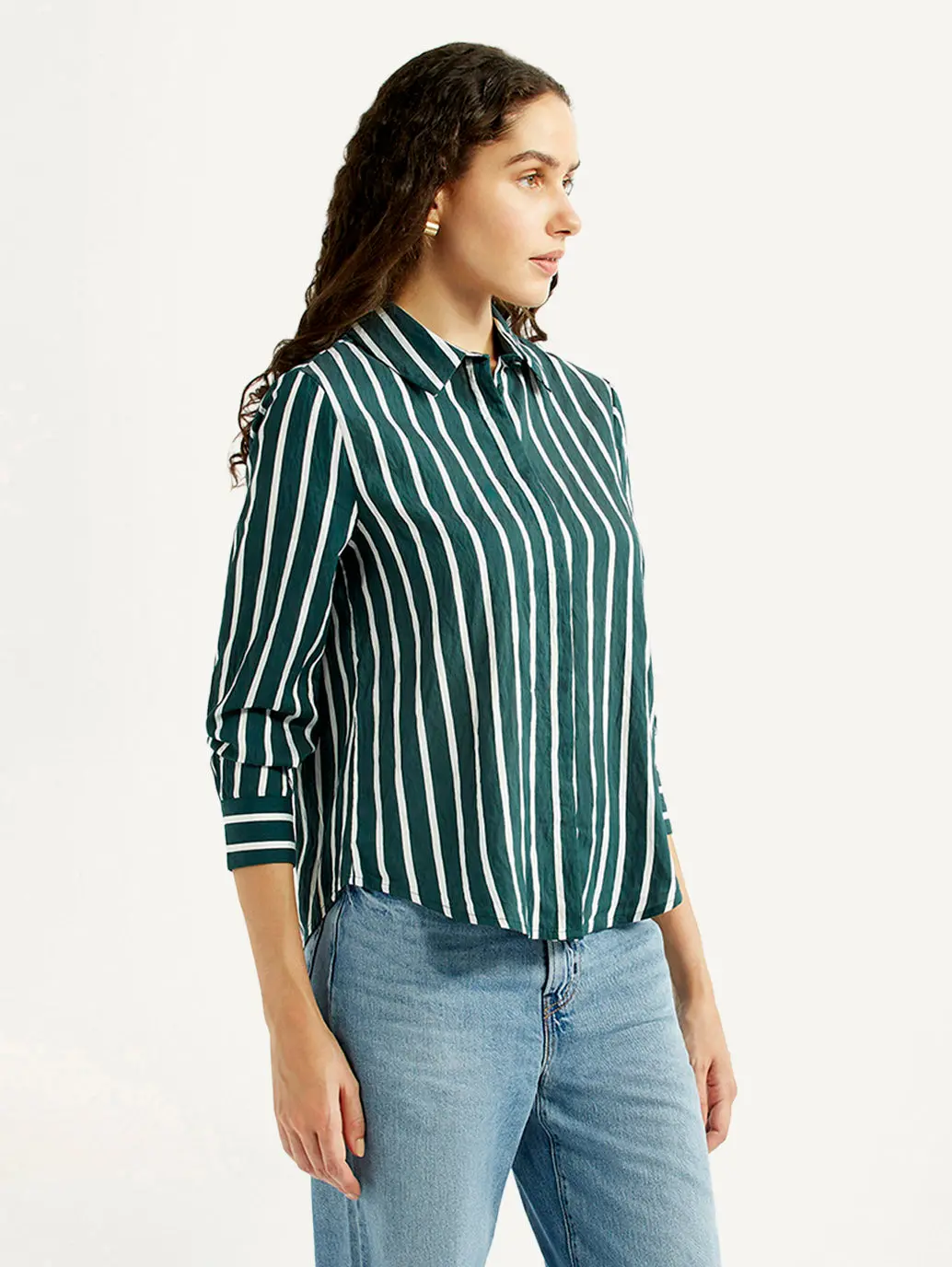 Women's Striped Green Spread Collar Shirt 4