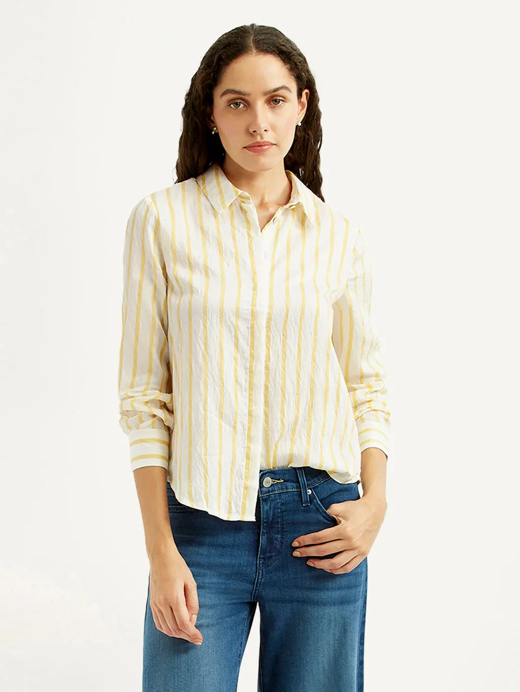 Women's Striped Yellow Spread Collar Shirt 1