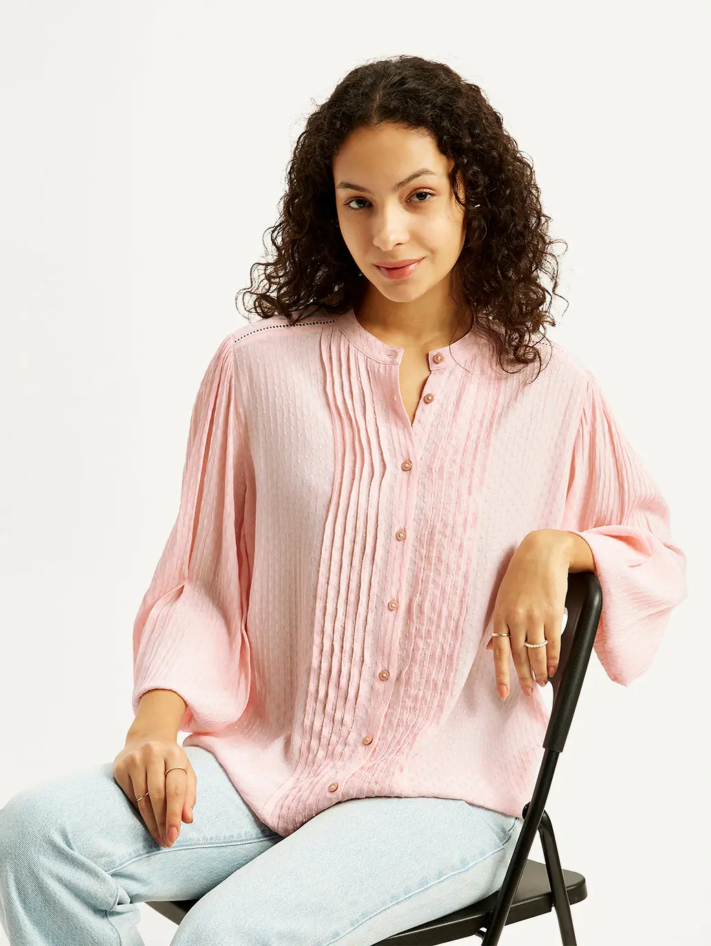 Women's Self Design Light-Pink Band Neck Top 2