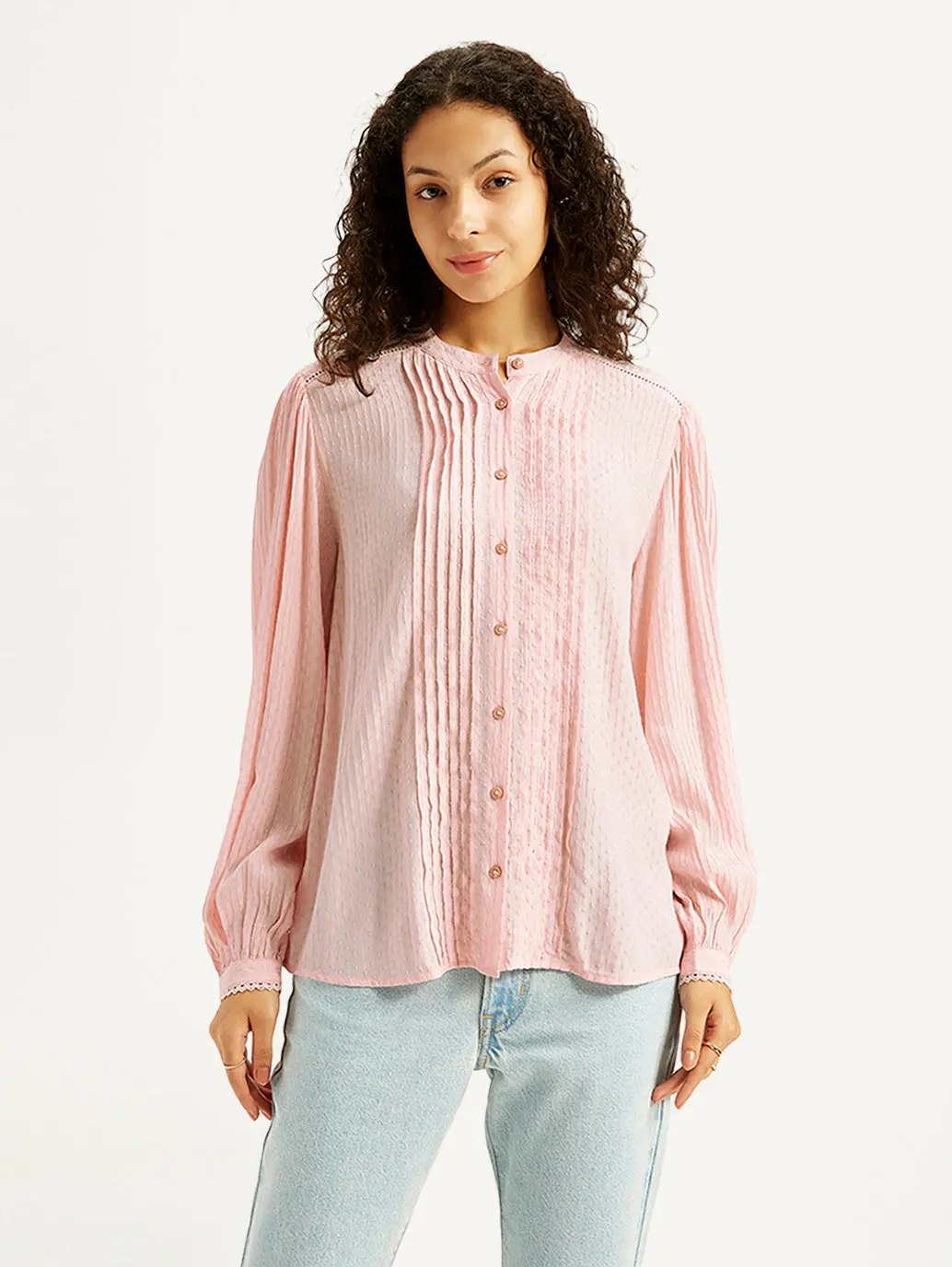Women's Self Design Light-Pink Band Neck Top 1