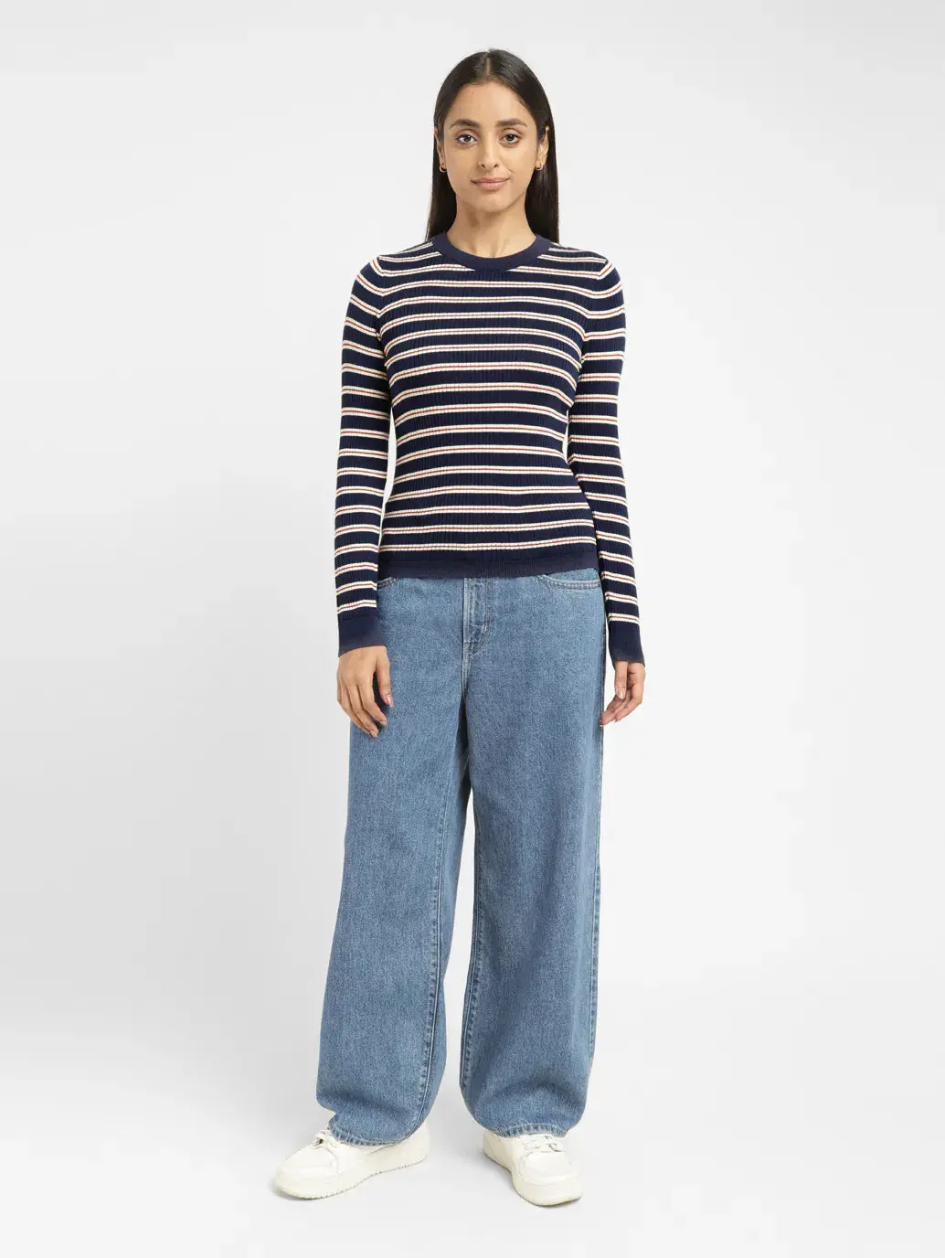Women's Striped Navy Crew Neck Sweater 1
