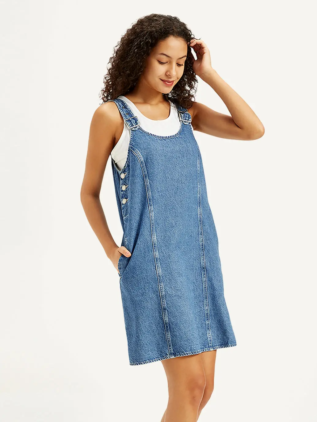 Women's Solid Blue Scoop Neck Denim Dress 1