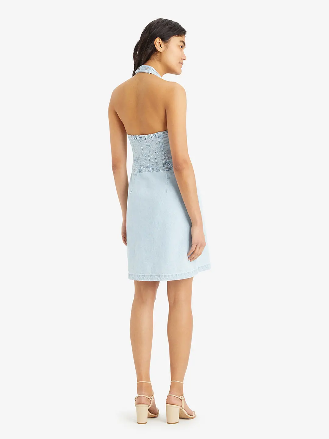 Women's Solid Light Blue Crew Neck Denim Dress 1