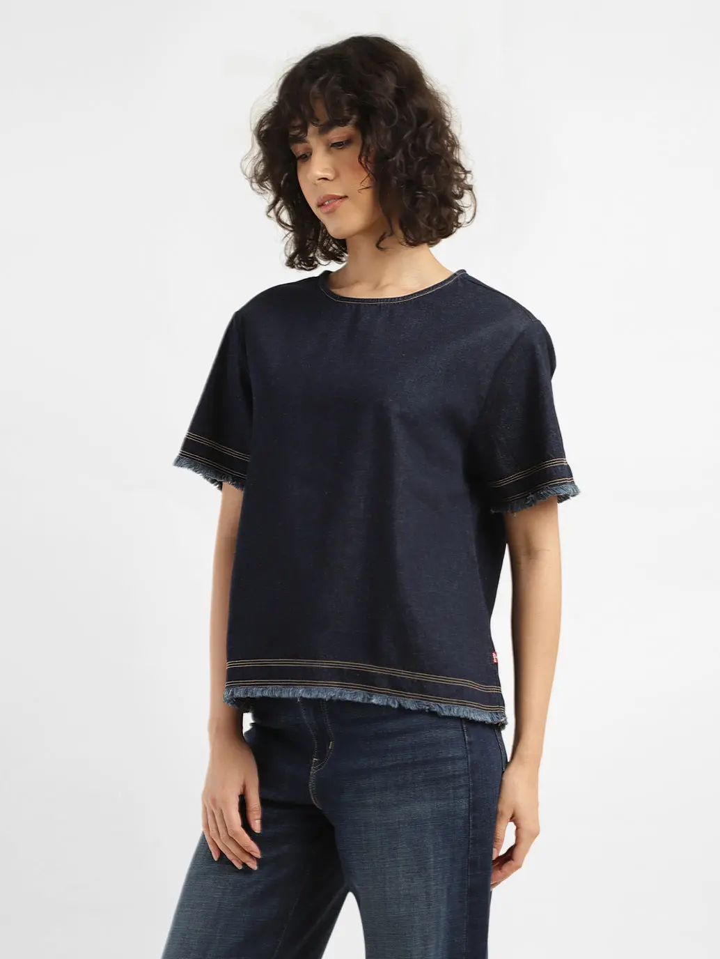 Women's Solid Indigo Round Neck Top 1