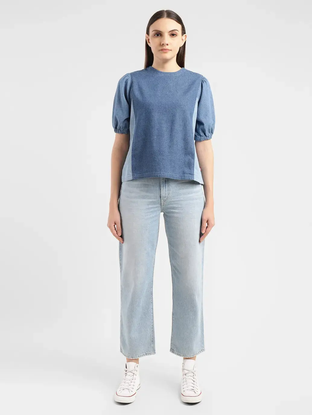 Women's Colorblock Indigo Round Neck Denim Top 1