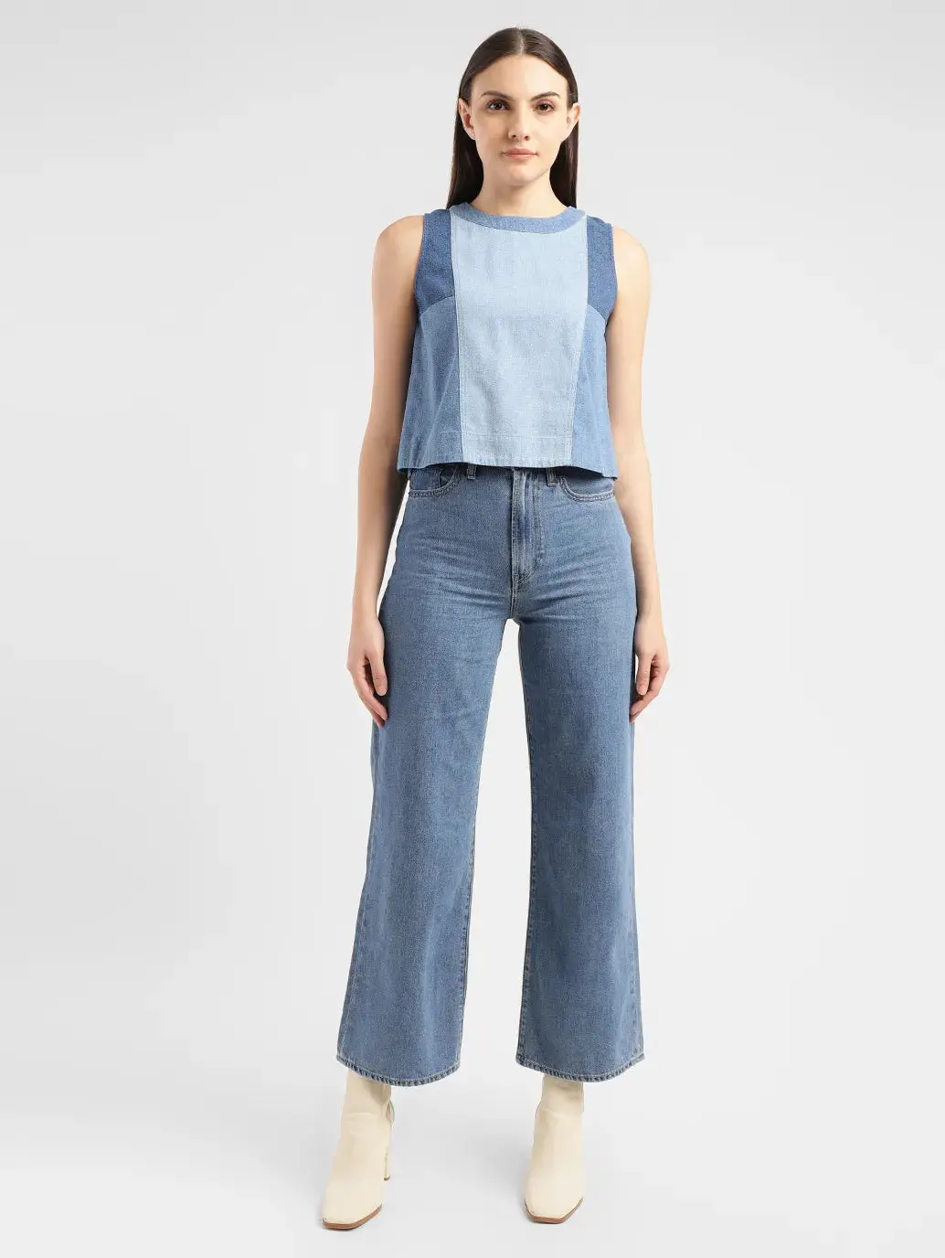 Women's Colorblock Mid Indigo Round Neck Top 1