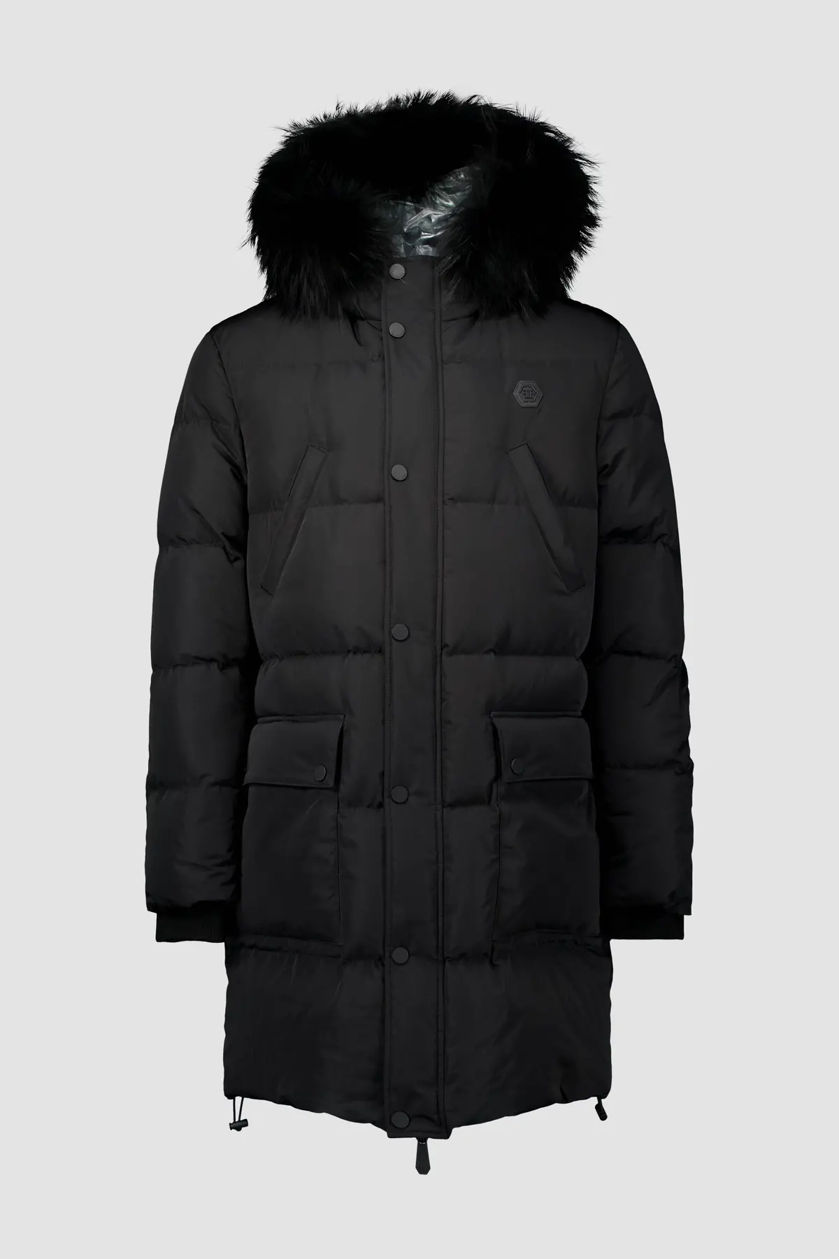 Philipp Plein Black Nylon Parka With Real Fur Skull & Bones Jacket 1