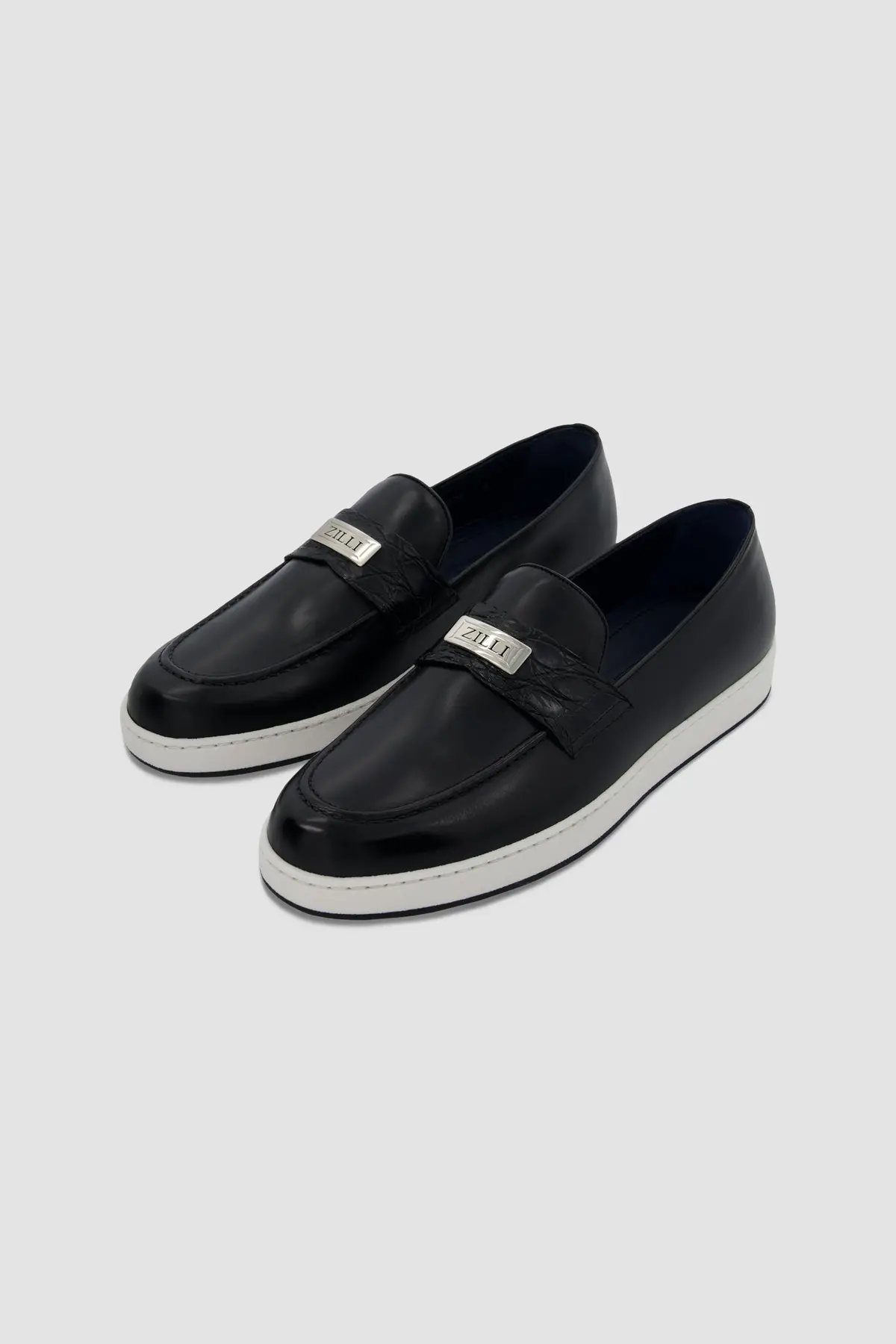 Zilli Black Metal Plate Loafers With Caiman Accents 1