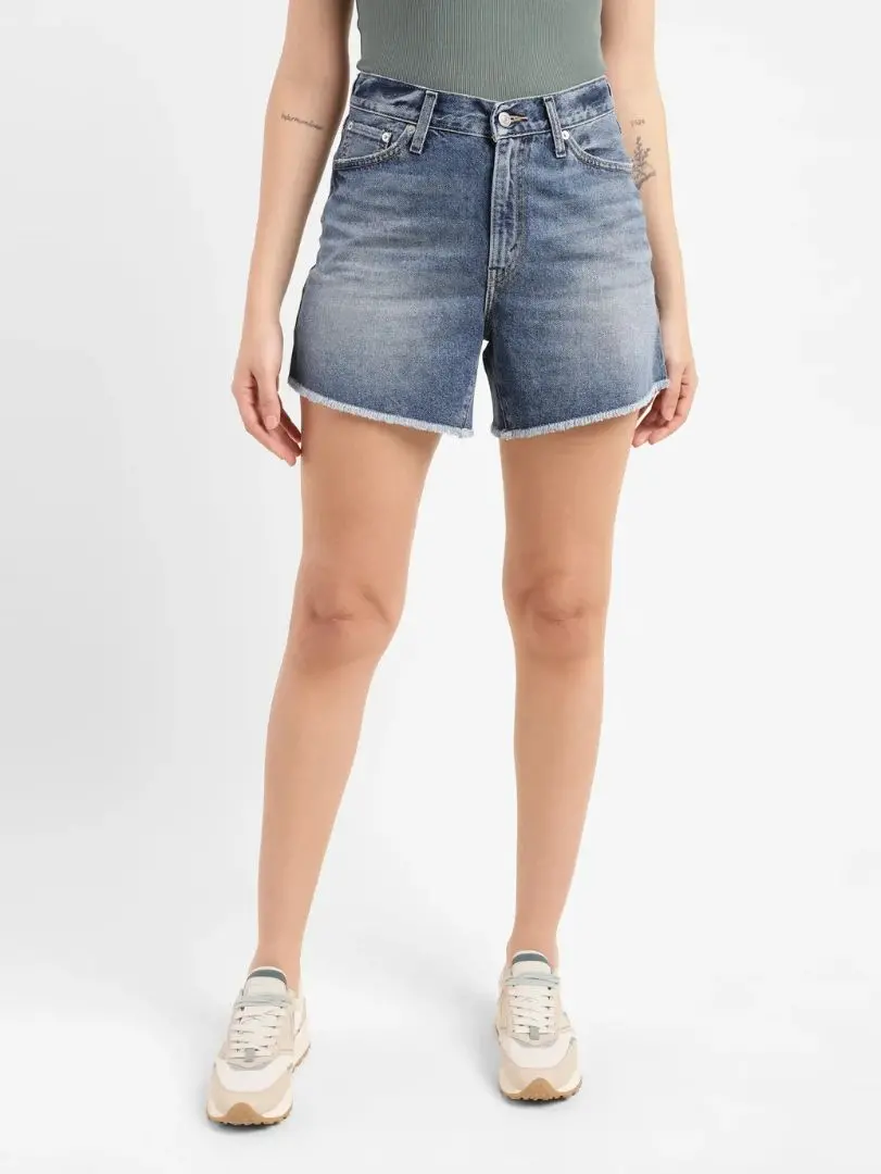 Women's High Rise Mid Indigo Regular Fit Denim Shorts 7