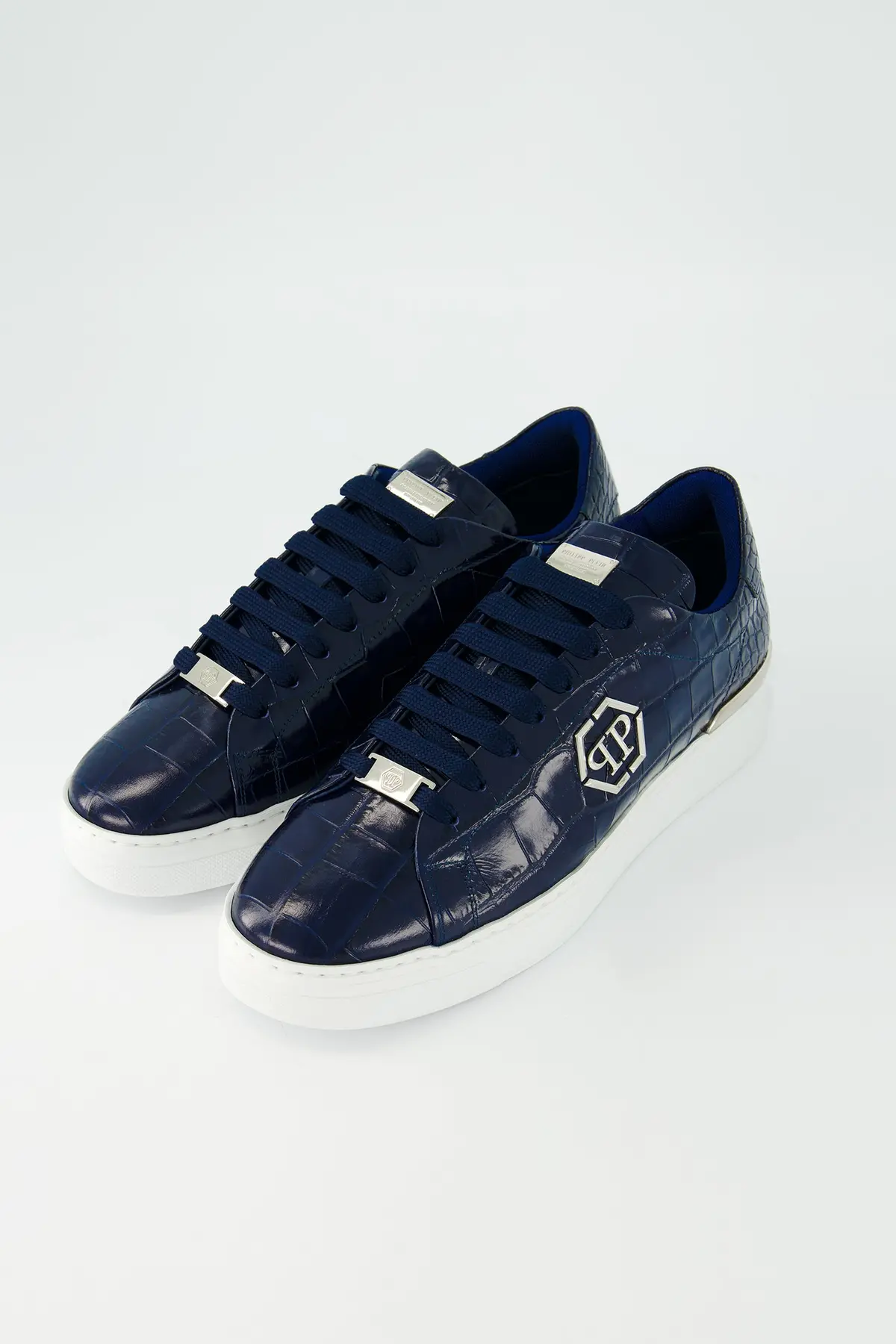 Philipp Plein Dark Blue Crocodile Leather Print Lo-Top Sneakers 1