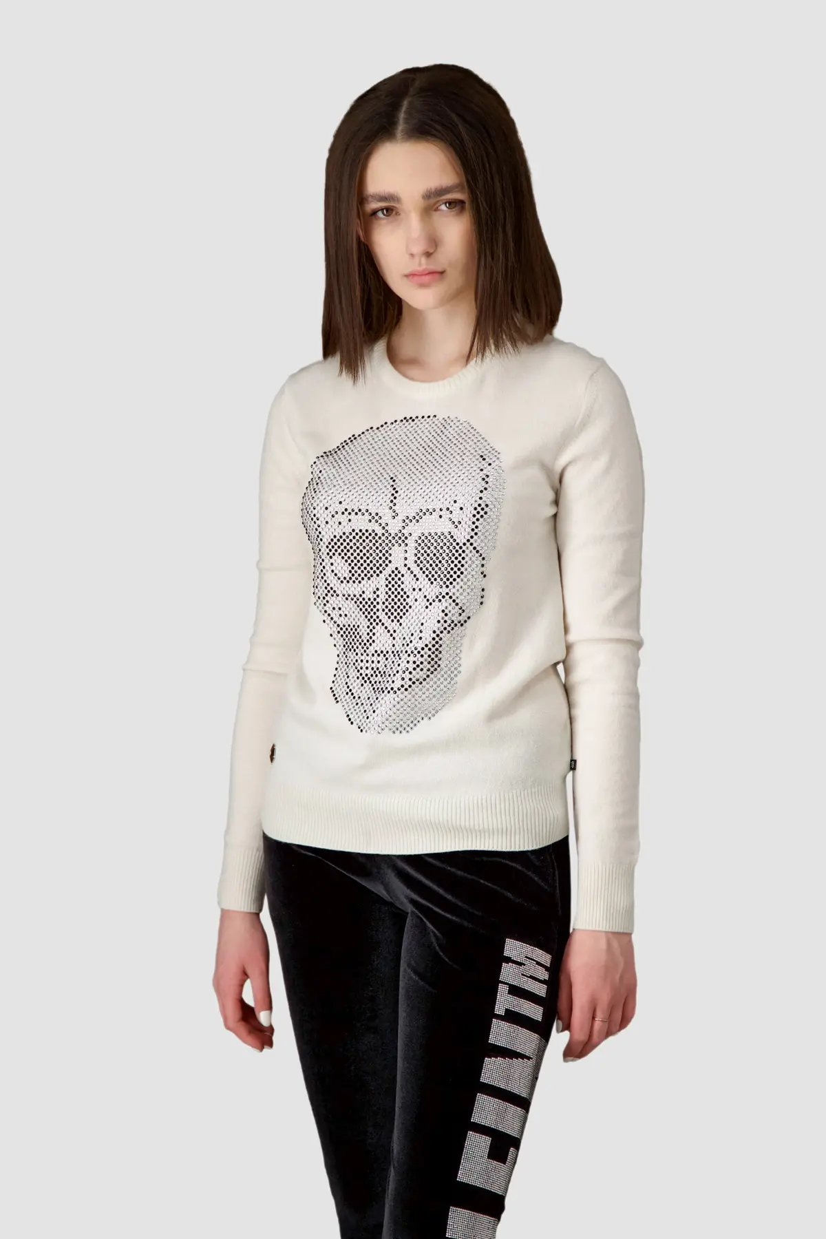 Philipp Plein White Round Neck Ls Skull Crystal Pullover 1