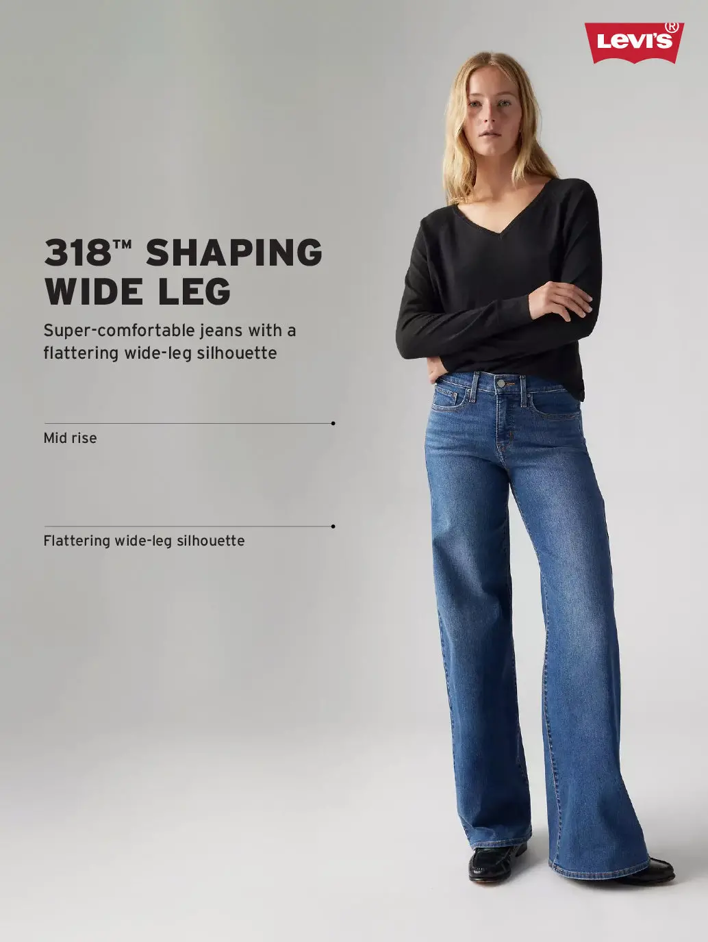 Women's 318 Med Indigo Shaping Wide Leg Fit Mid Rise Jeans 4