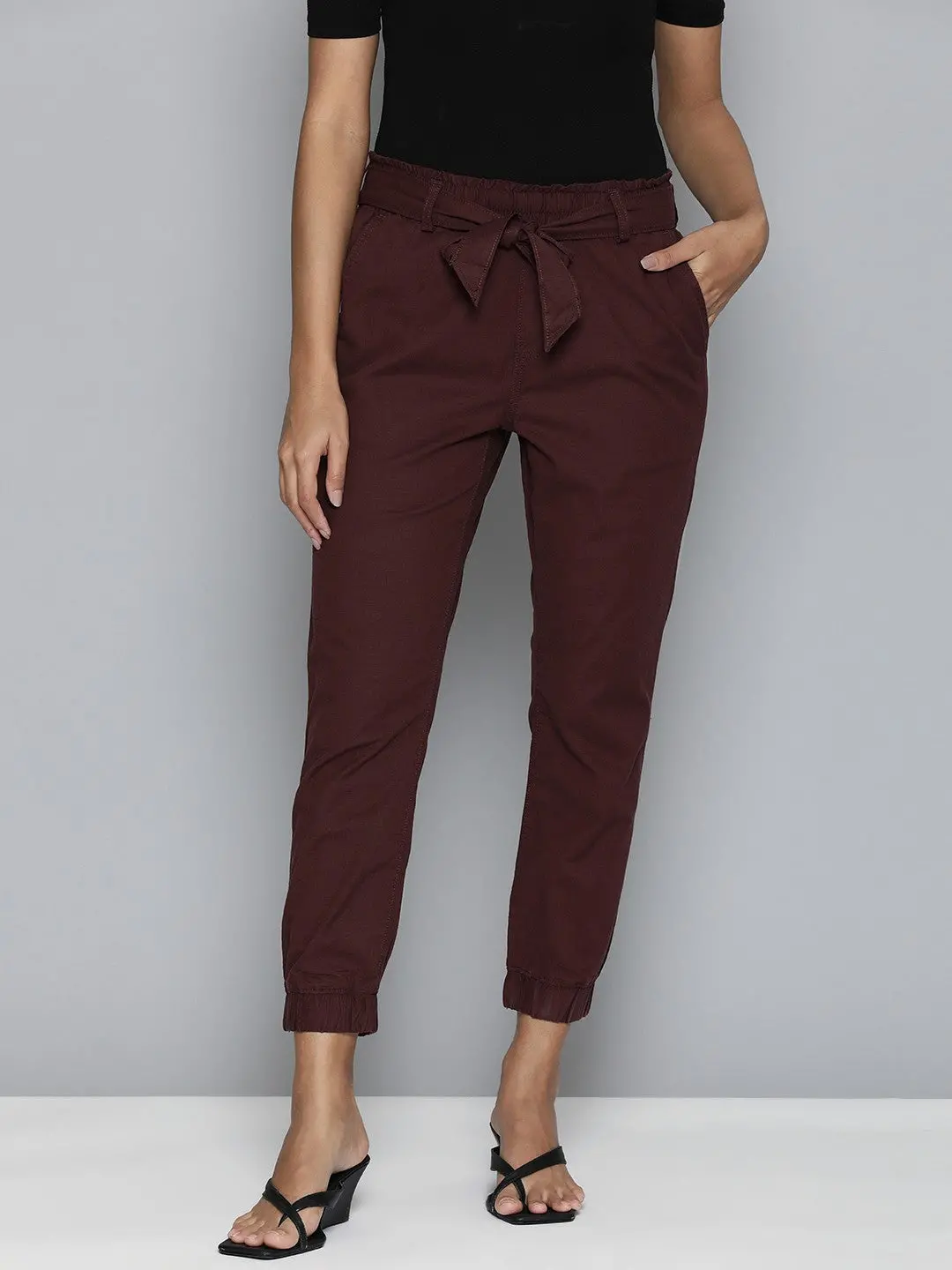 Women's Mid Rise Maroon Baggy Fit Trousers 1