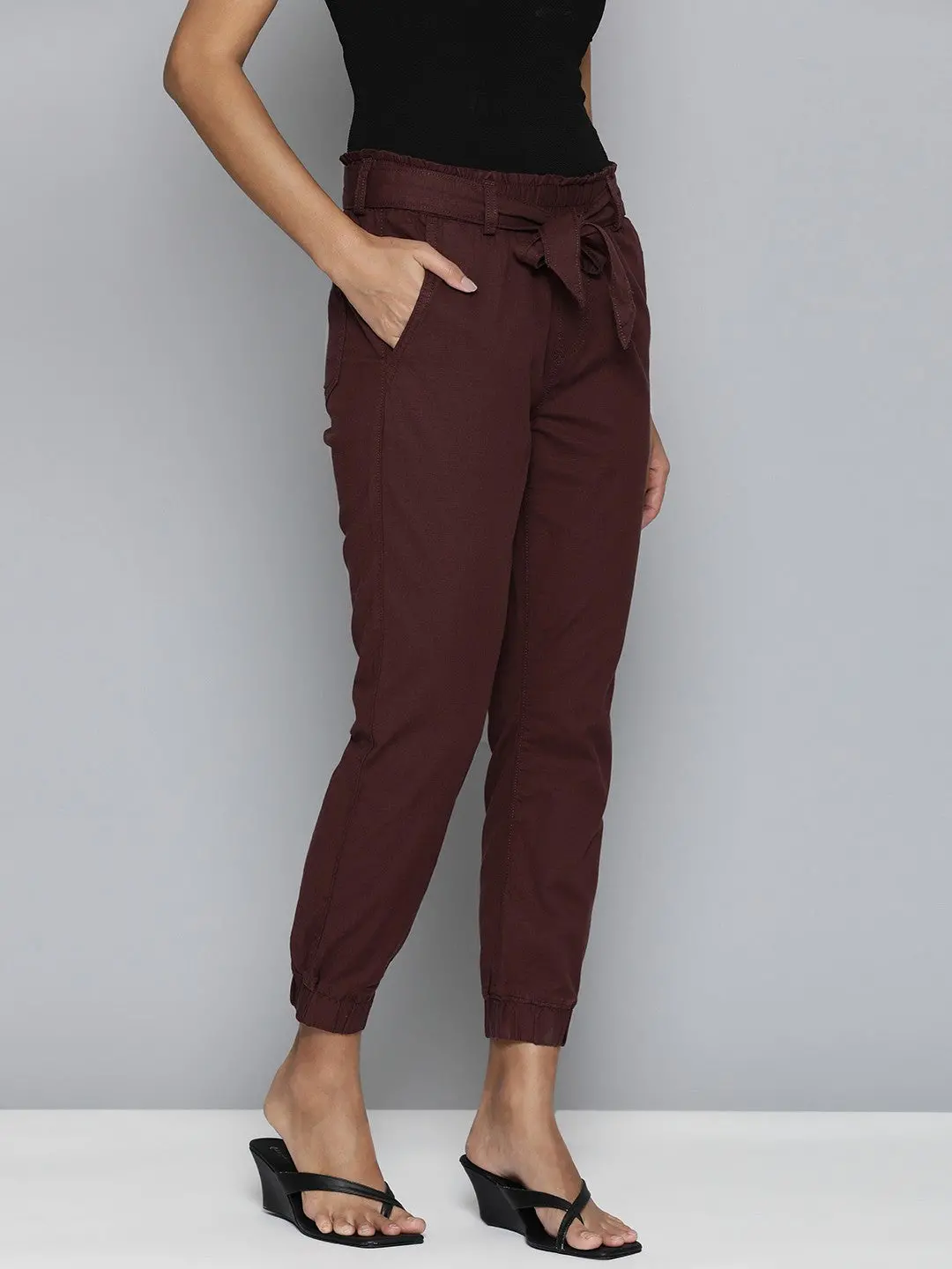 Women's Mid Rise Maroon Baggy Fit Trousers 2