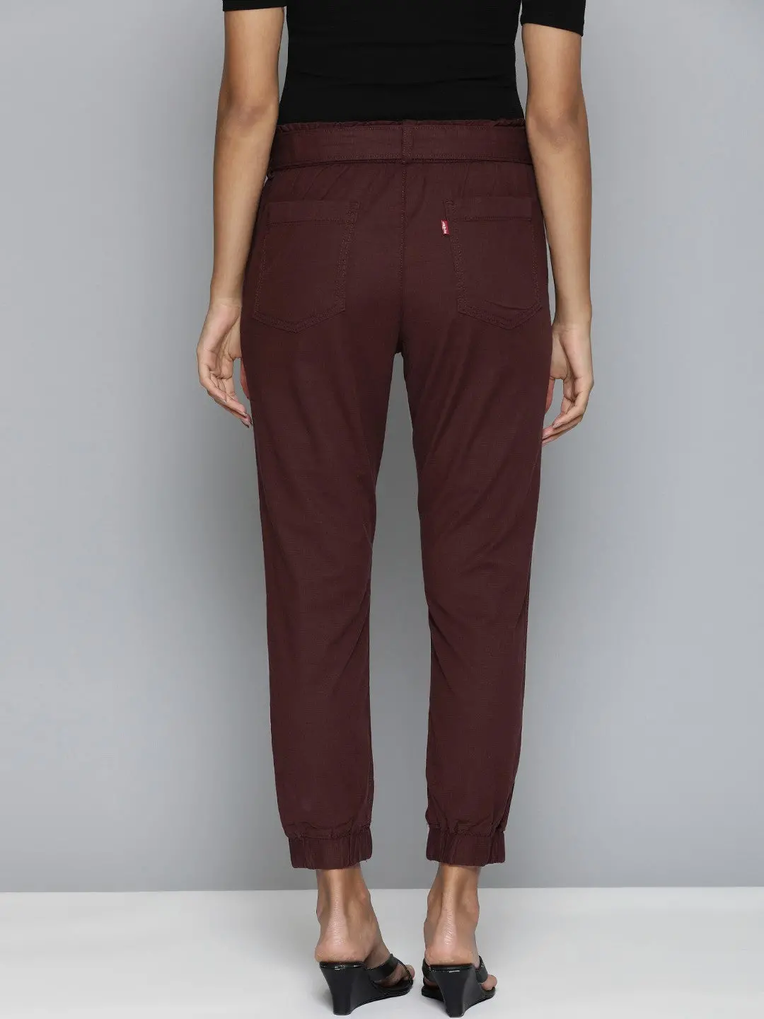 Women's Mid Rise Maroon Baggy Fit Trousers 3