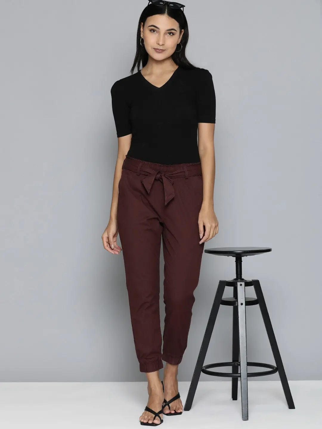 Women's Mid Rise Maroon Baggy Fit Trousers 5