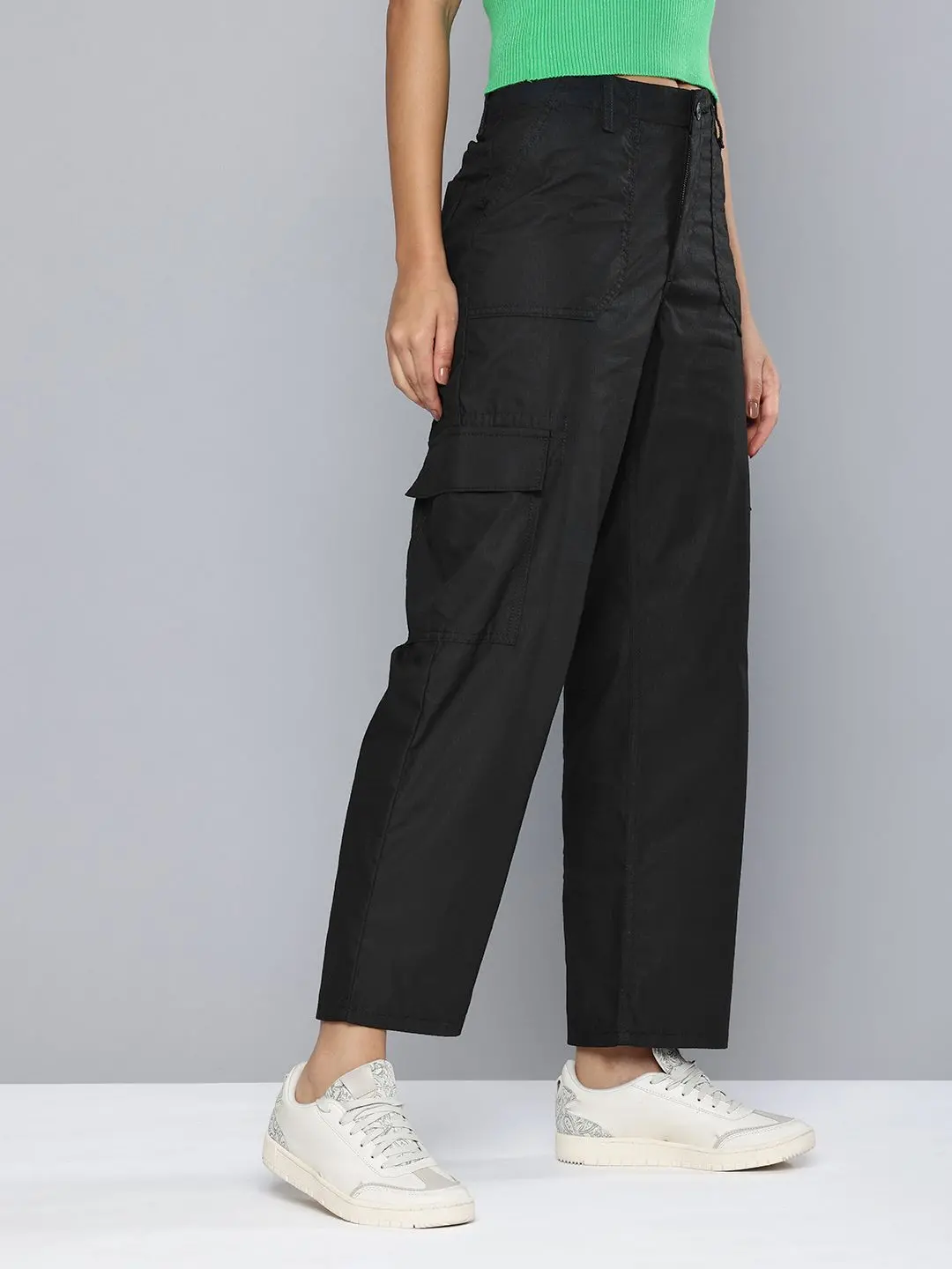 Women's Mid Rise Black Cargo Trousers 1