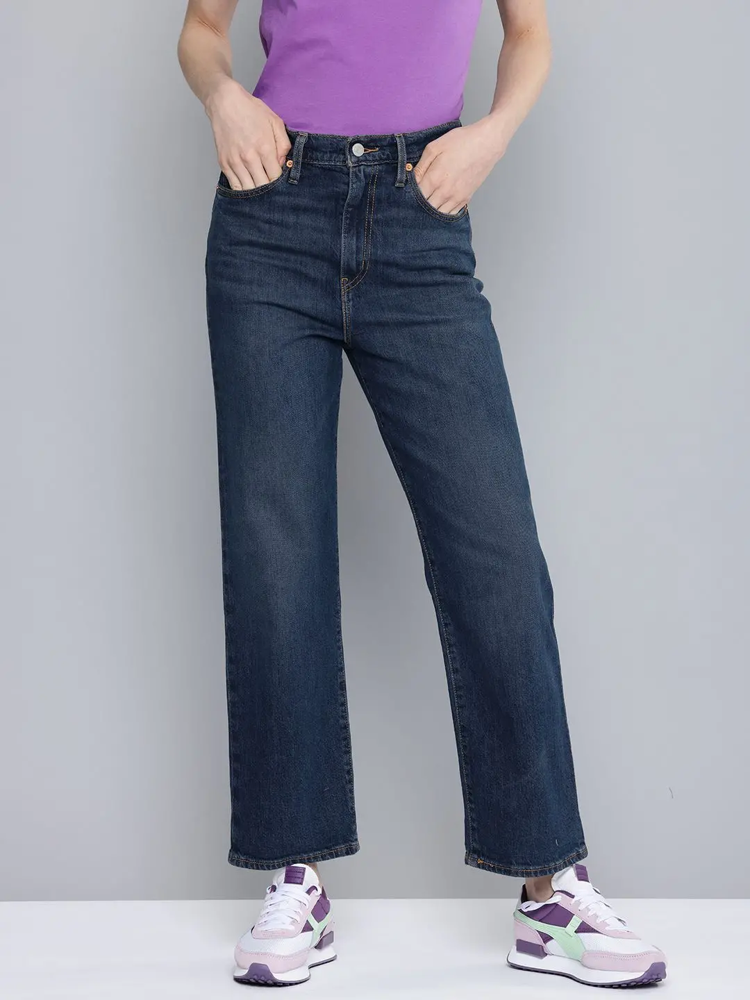 Women's Blue Ribcage Straight Ankle Fit Mid Rise Jeans 2