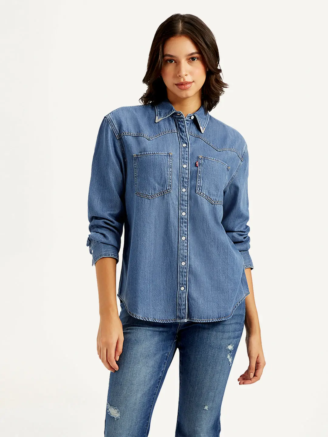 Women's Solid Relaxed Fit Denim Shirt 1