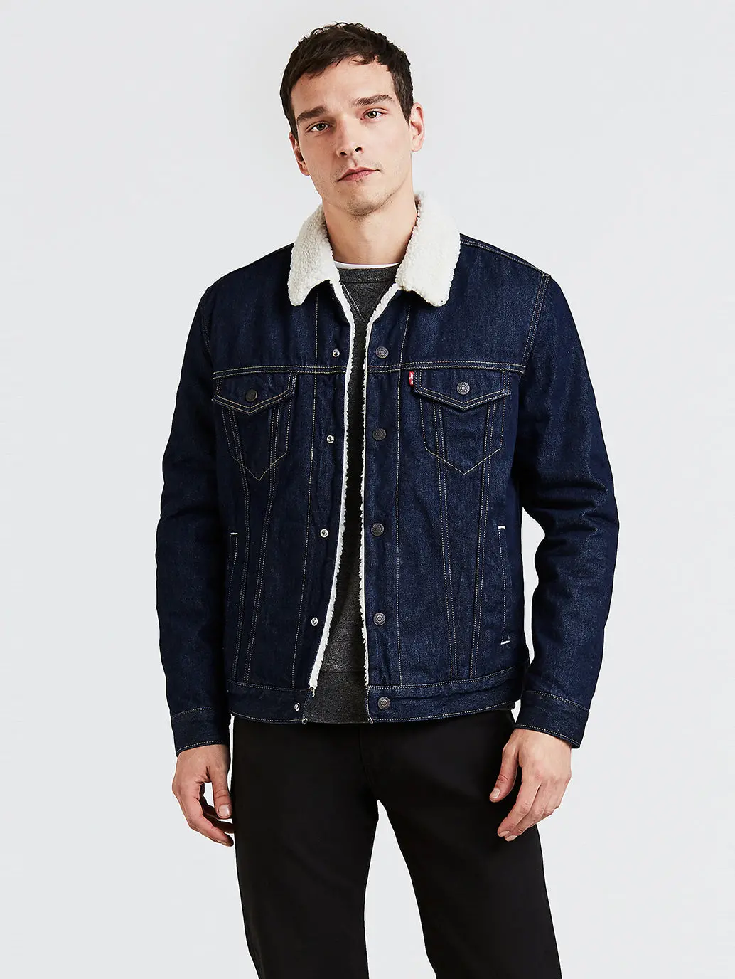Men's Solid Dark Blue Shearling Jacket 1