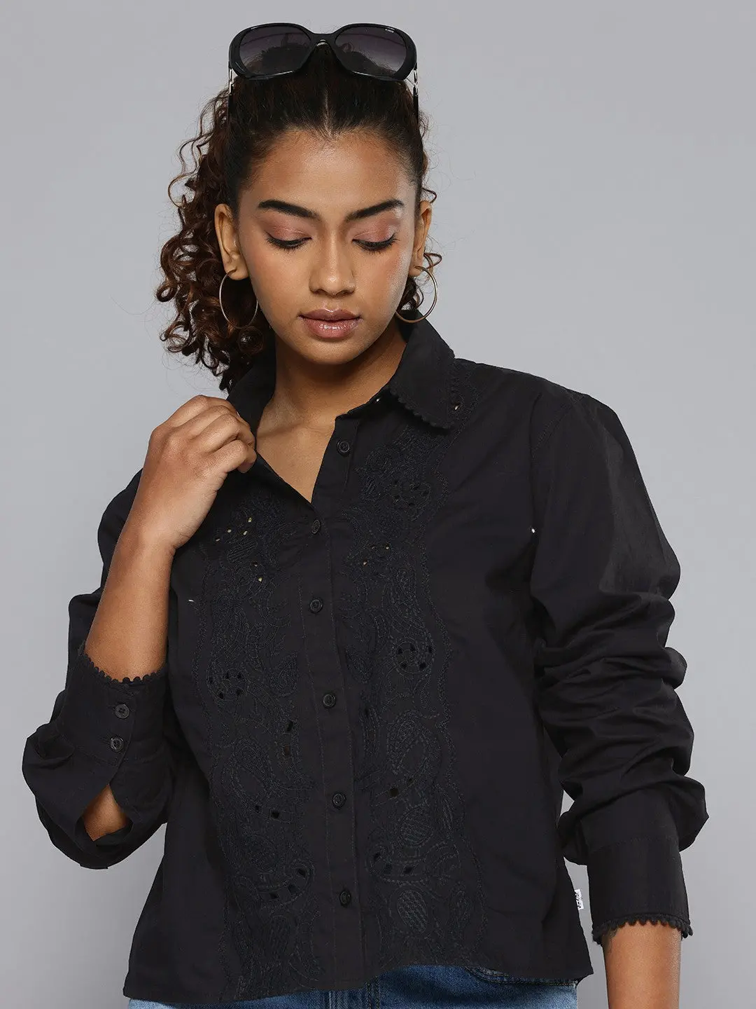 Women's Self Design Spread Collar Relaxed Fit Shirt 1