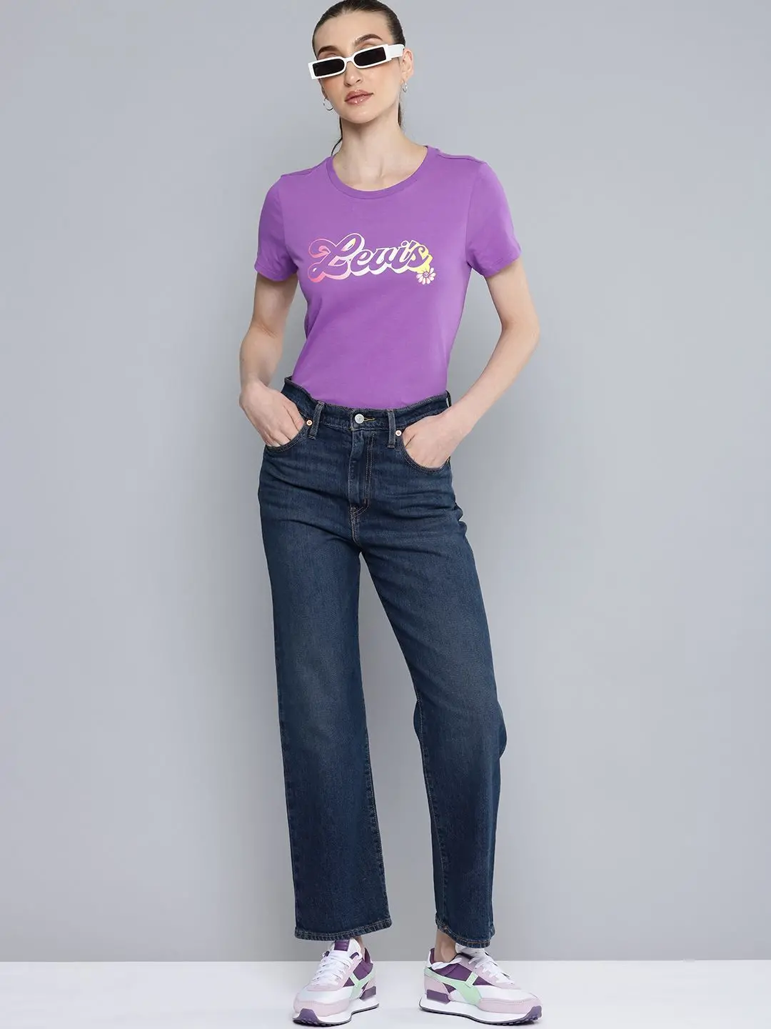 Women's Blue Ribcage Straight Ankle Fit Mid Rise Jeans 1