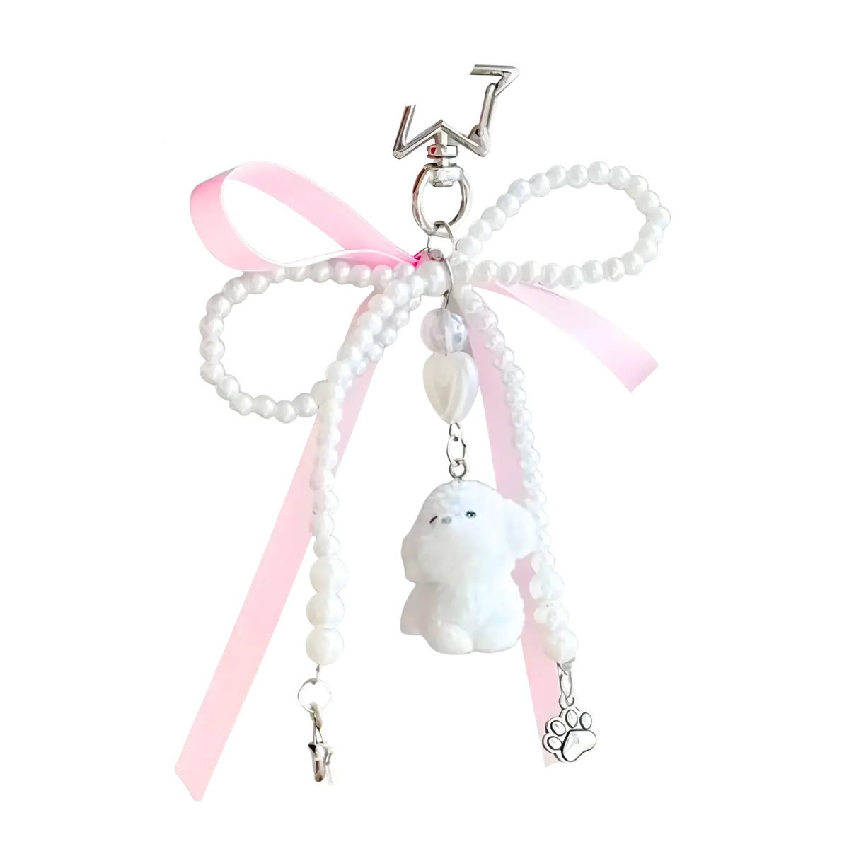 Asian Pantry Cute White Dog Phone Chain, Bag Charm With Pink Bow 1