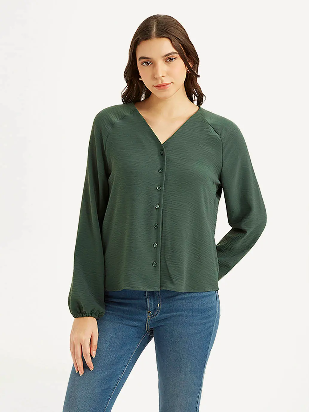 Women's Textured Dark Green V-Neck Top 1