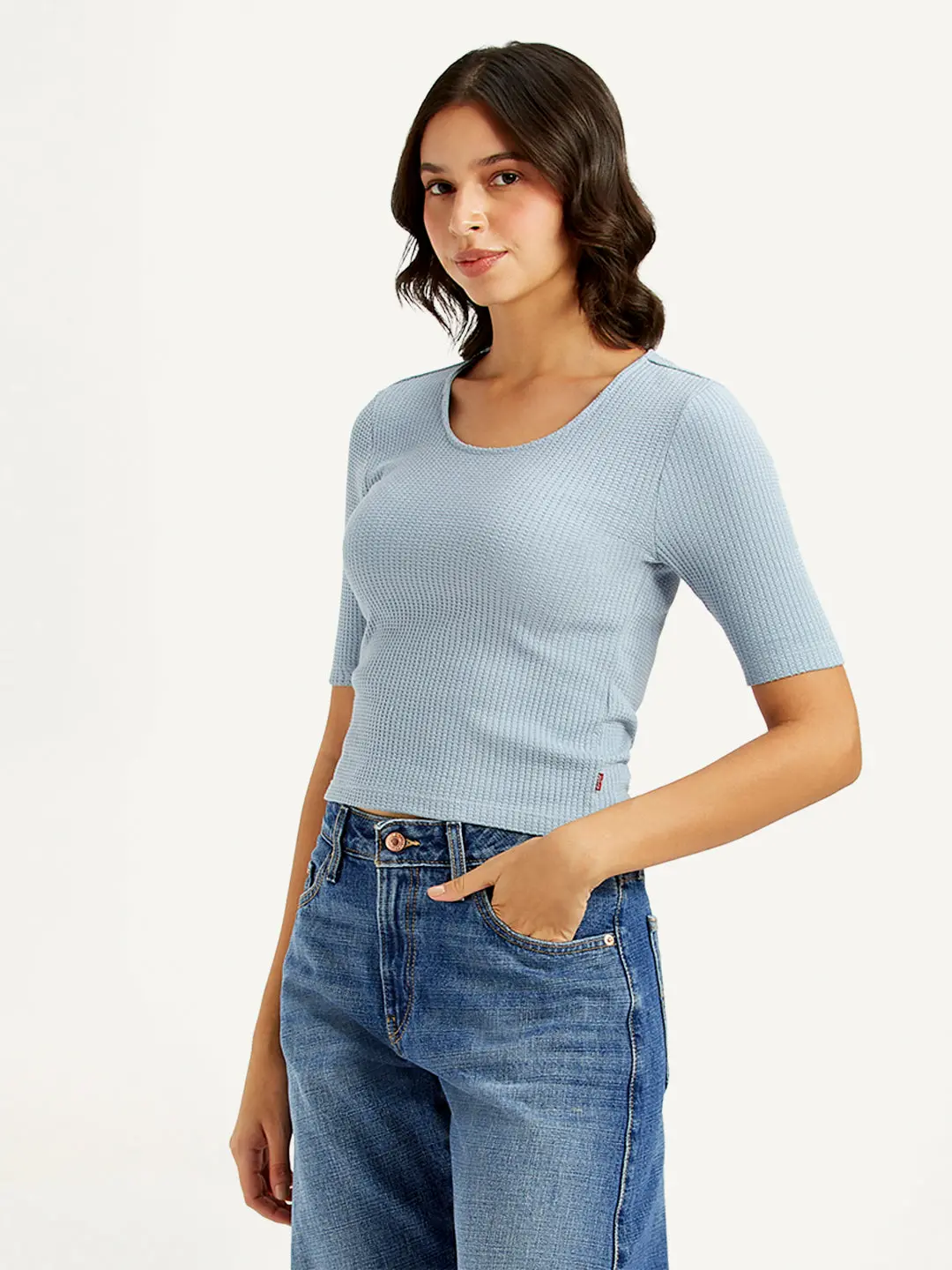 Women's Textured Light Blue Scoop Neck Top 4