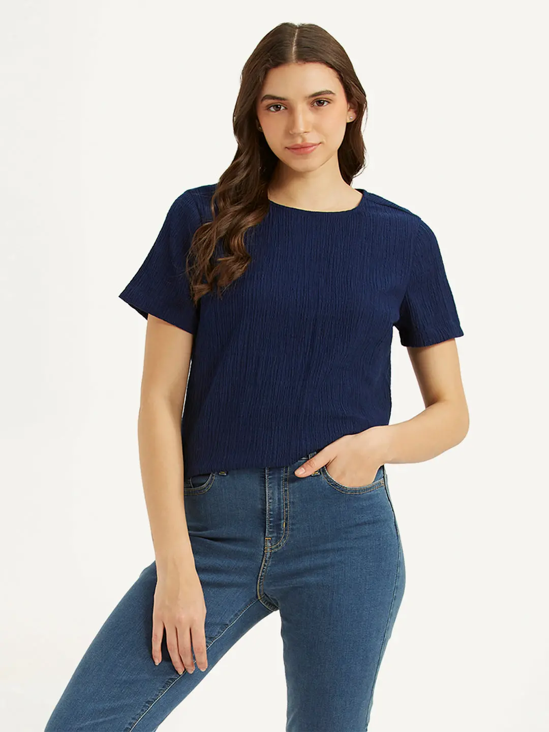 Women's Textured Navy Round Neck Top 1