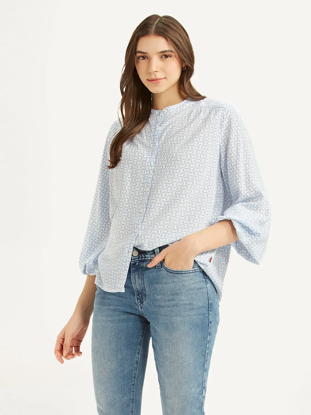 Women's Geometric Light Blue Band Neck Top 1