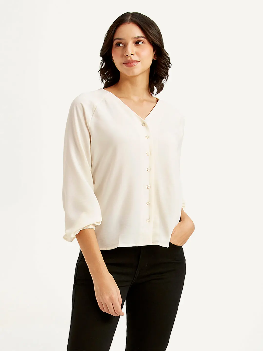 Women's Solid Off-White V Neck Top 1