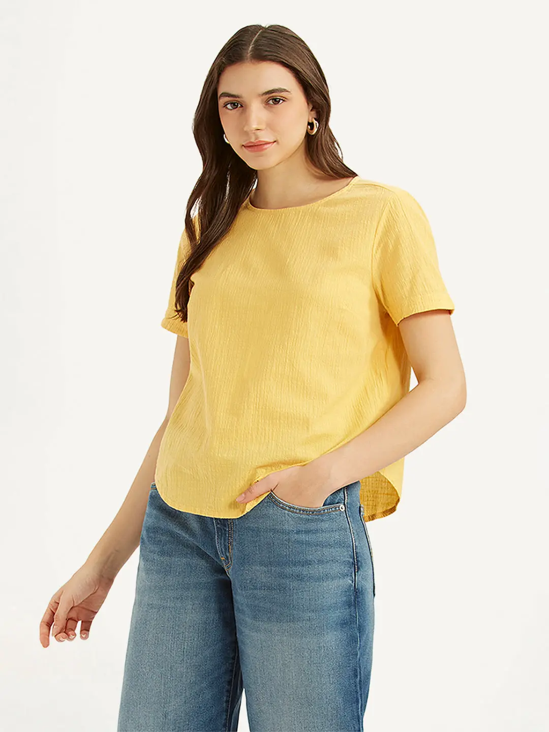Women's Textured Yellow Round Neck Top 1
