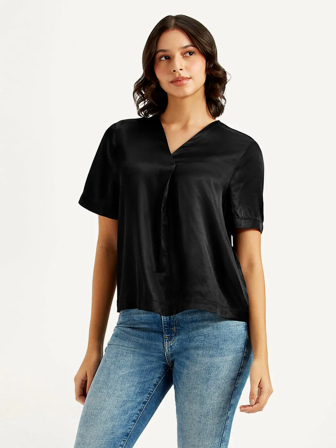 Women's Solid Black V-Neck Top 1