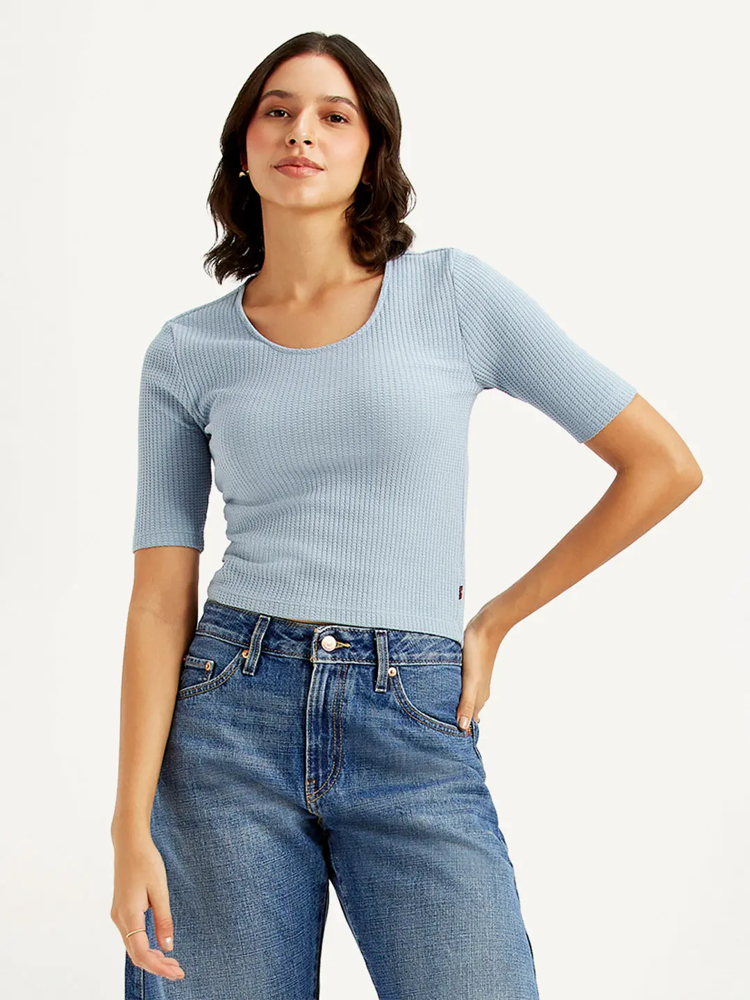 Women's Textured Light Blue Scoop Neck Top 1