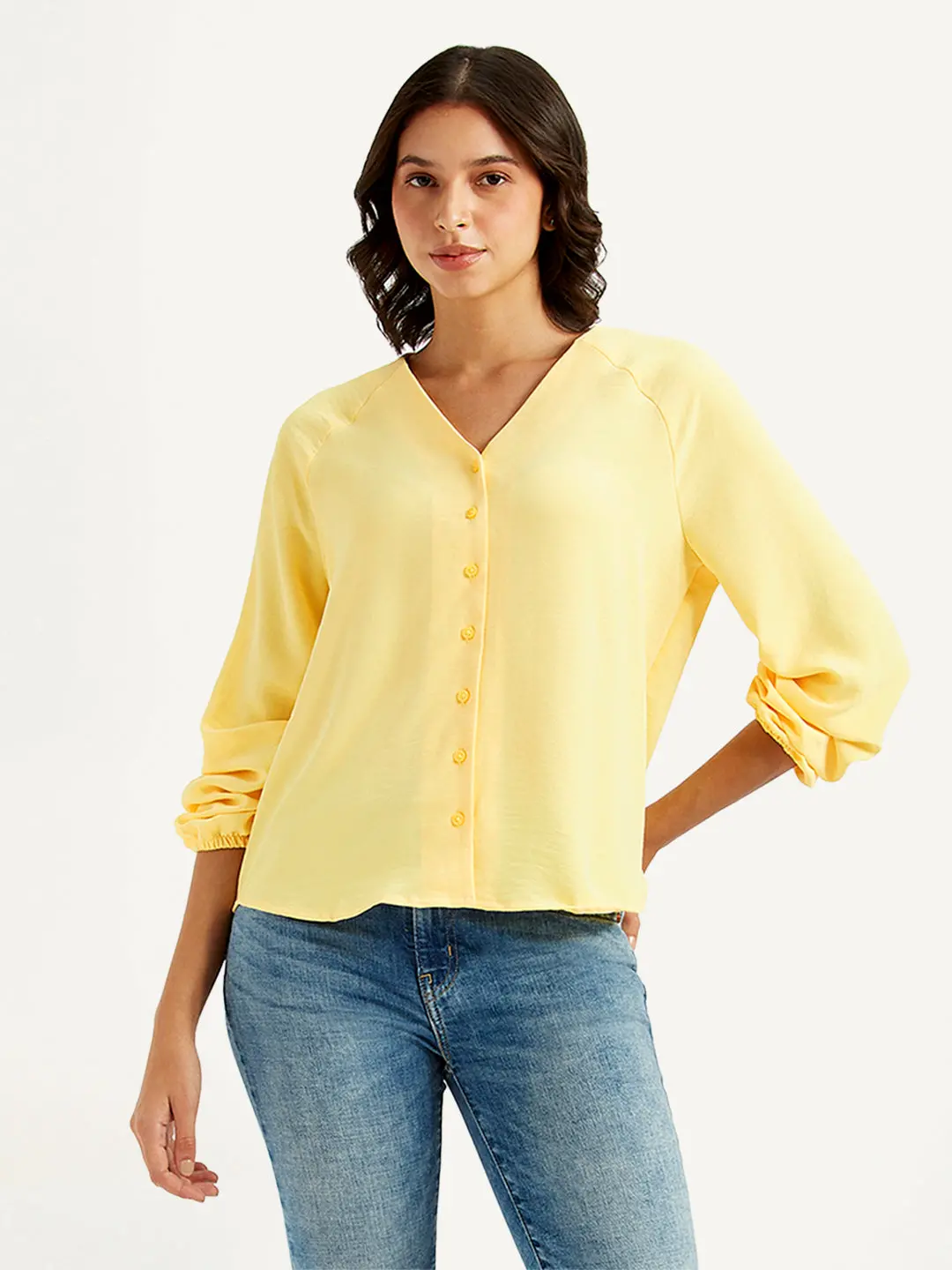 Women's Solid Yellow V Neck Top 1