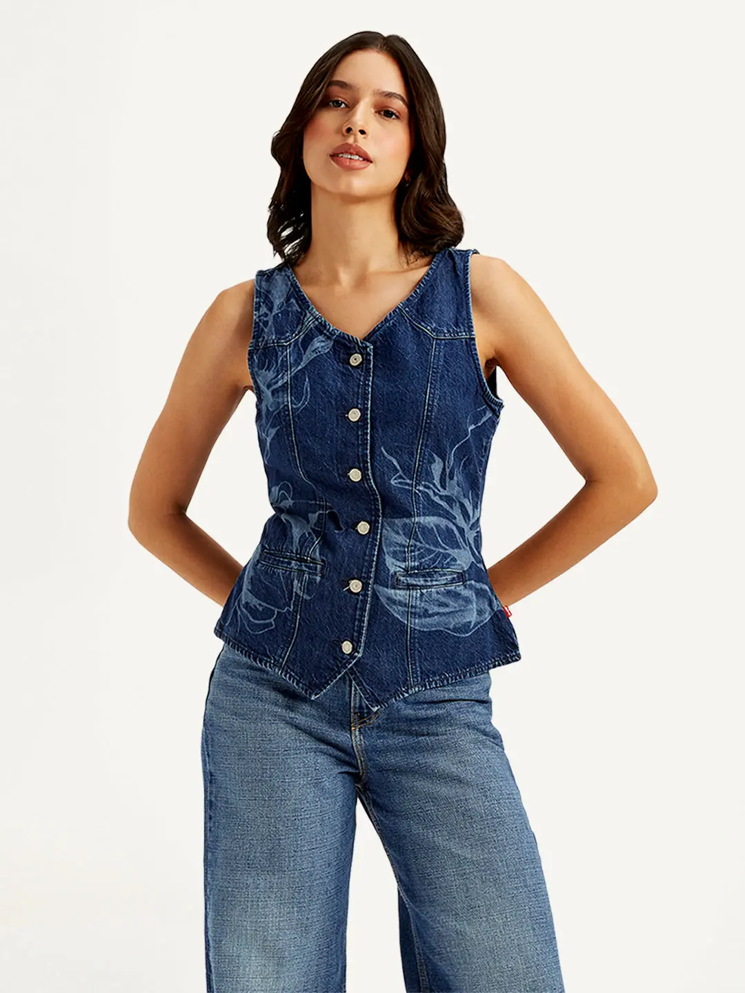 Women's Printed Blue V Neck Waistcoat 1