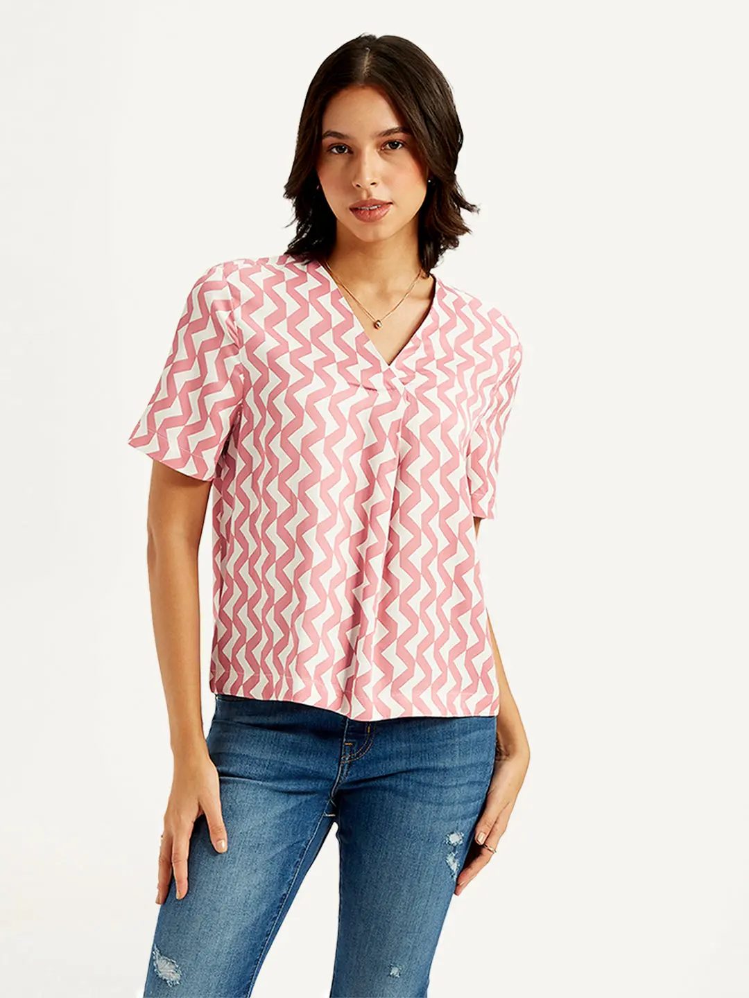 Women's Chevron Pink V-Neck Top 1