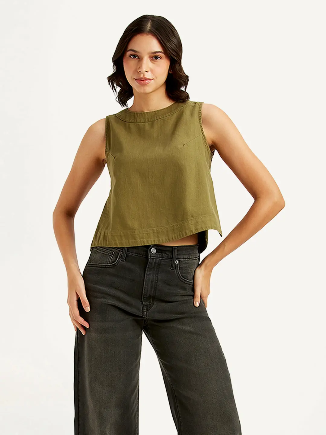 Women's Solid Olive Round Neck Crop Top 1