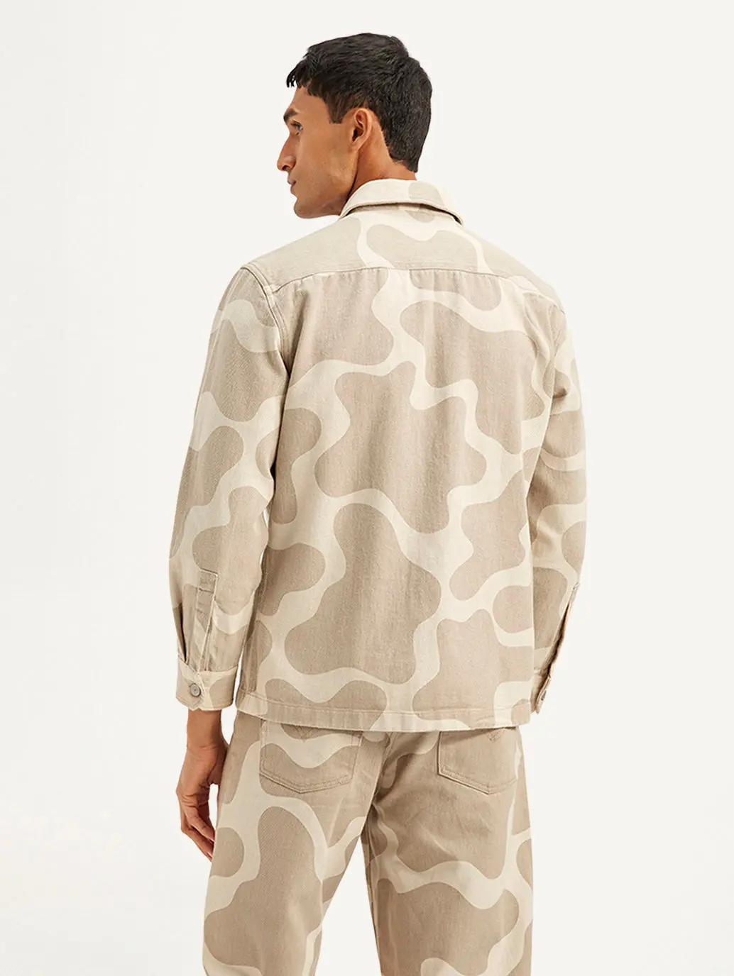 Men's Abstract Beige Relaxed Fit Utility Overshirt 4