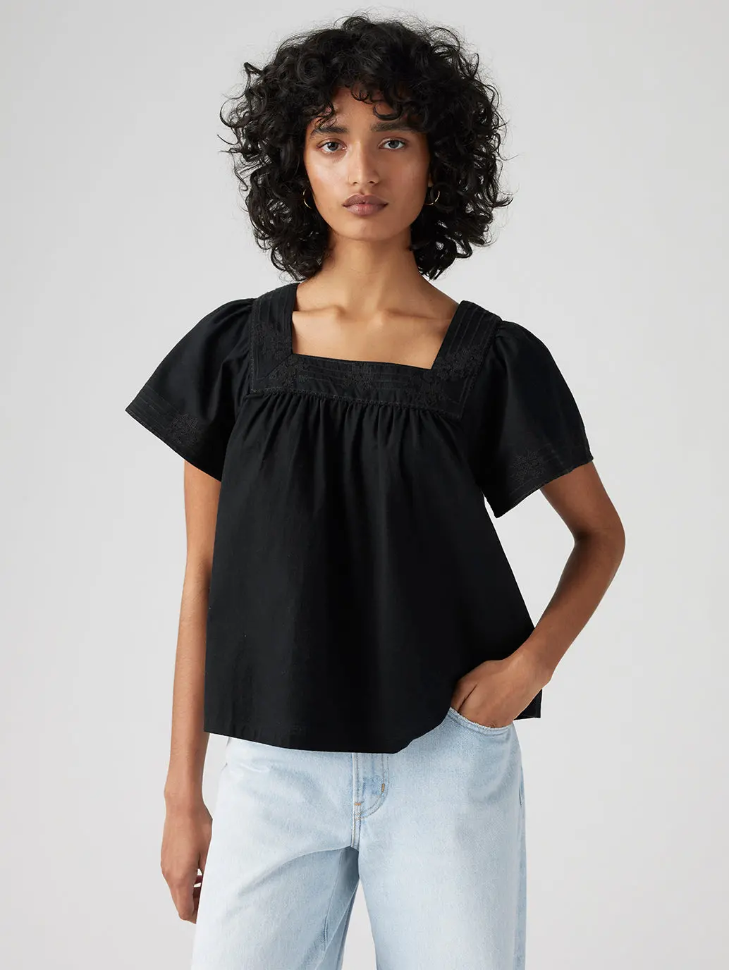 Women's Embroidered Black Square Neck Top 2