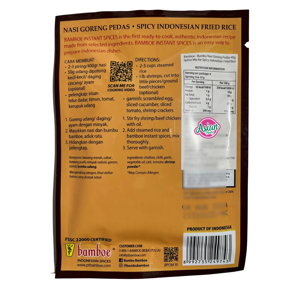Bamboe Nasi Goreng Pedas (Spice Mix For Spicy Indonesian Fried Rice) 40G 2