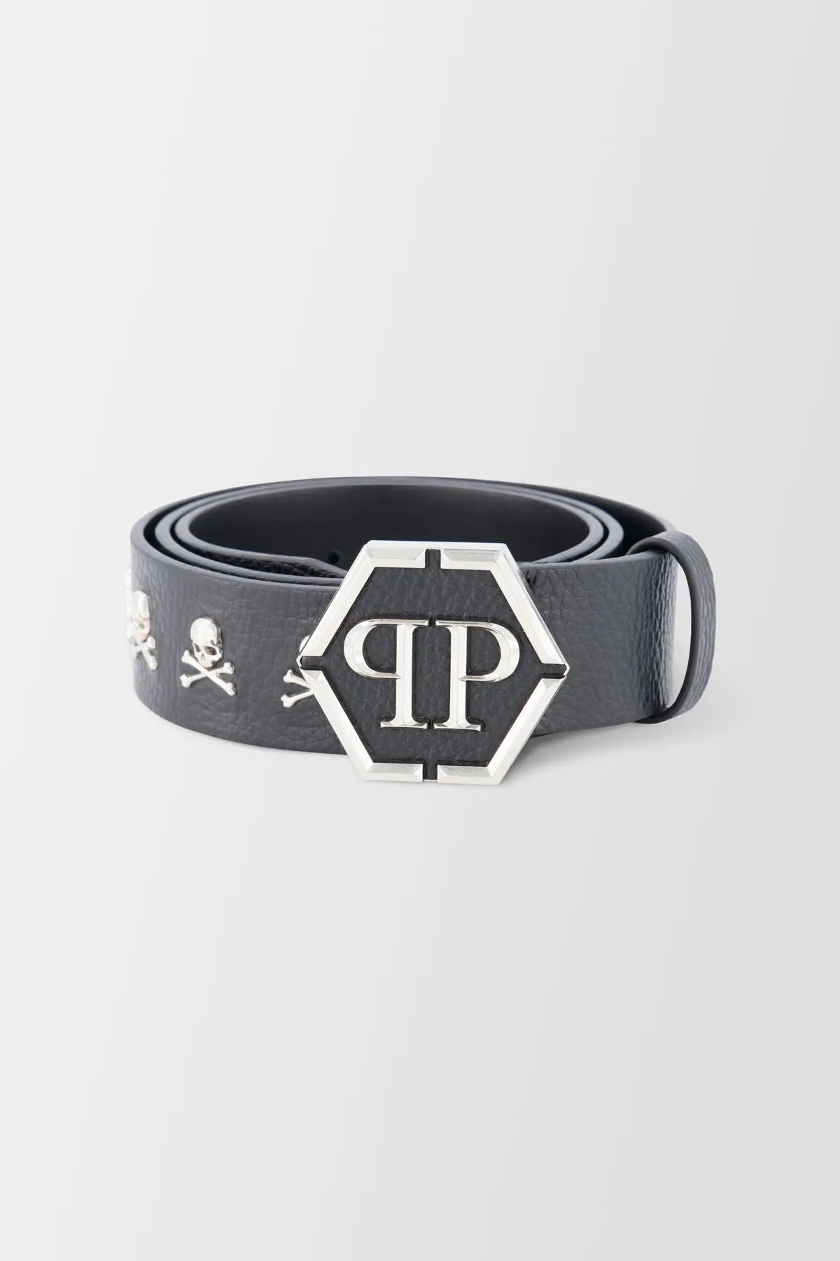 Philipp Plein Black/Silver Leather Skull Studs Belt 1