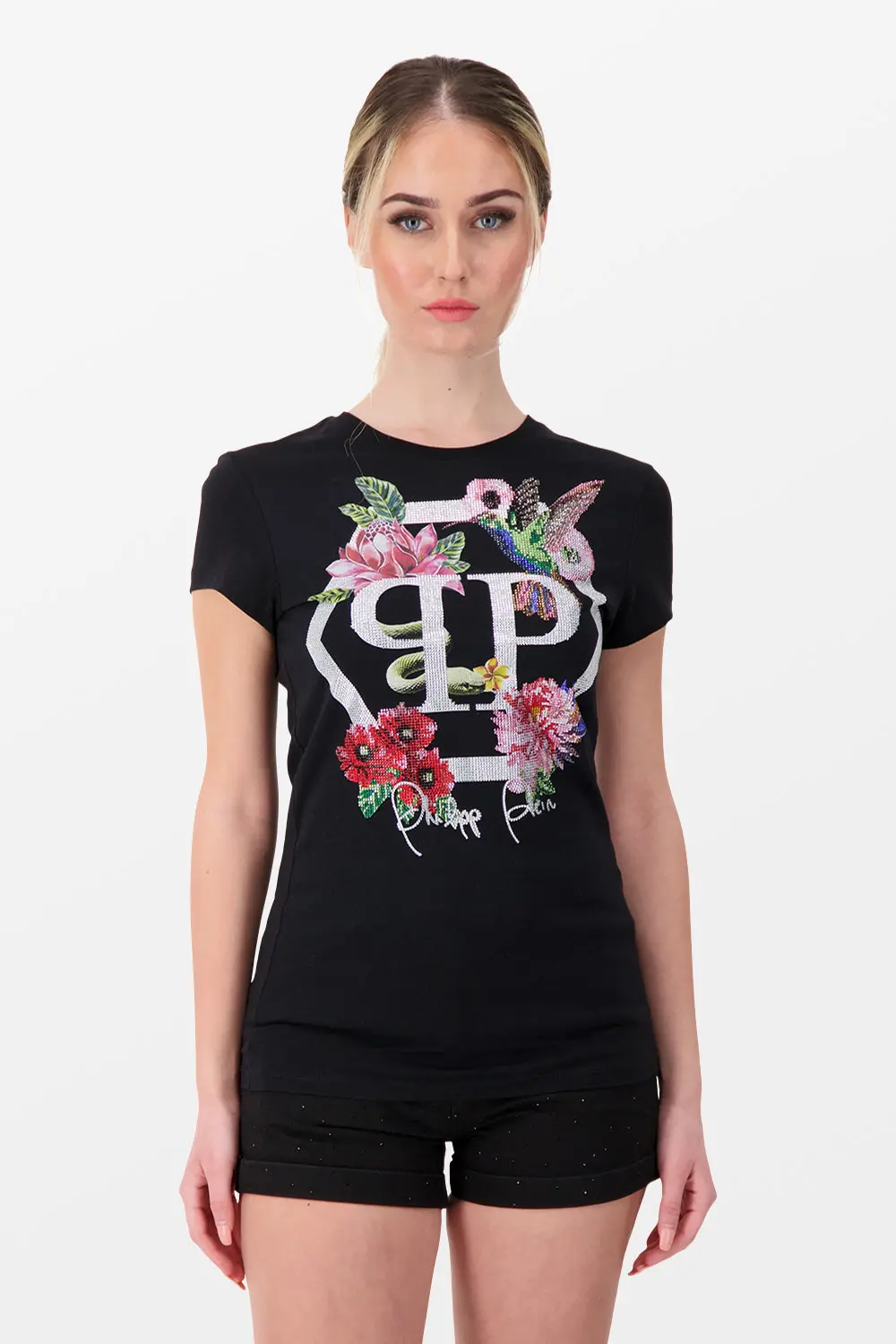 Philipp Plein Black Round Neck Ss Flowers 2 T-Shirt 1