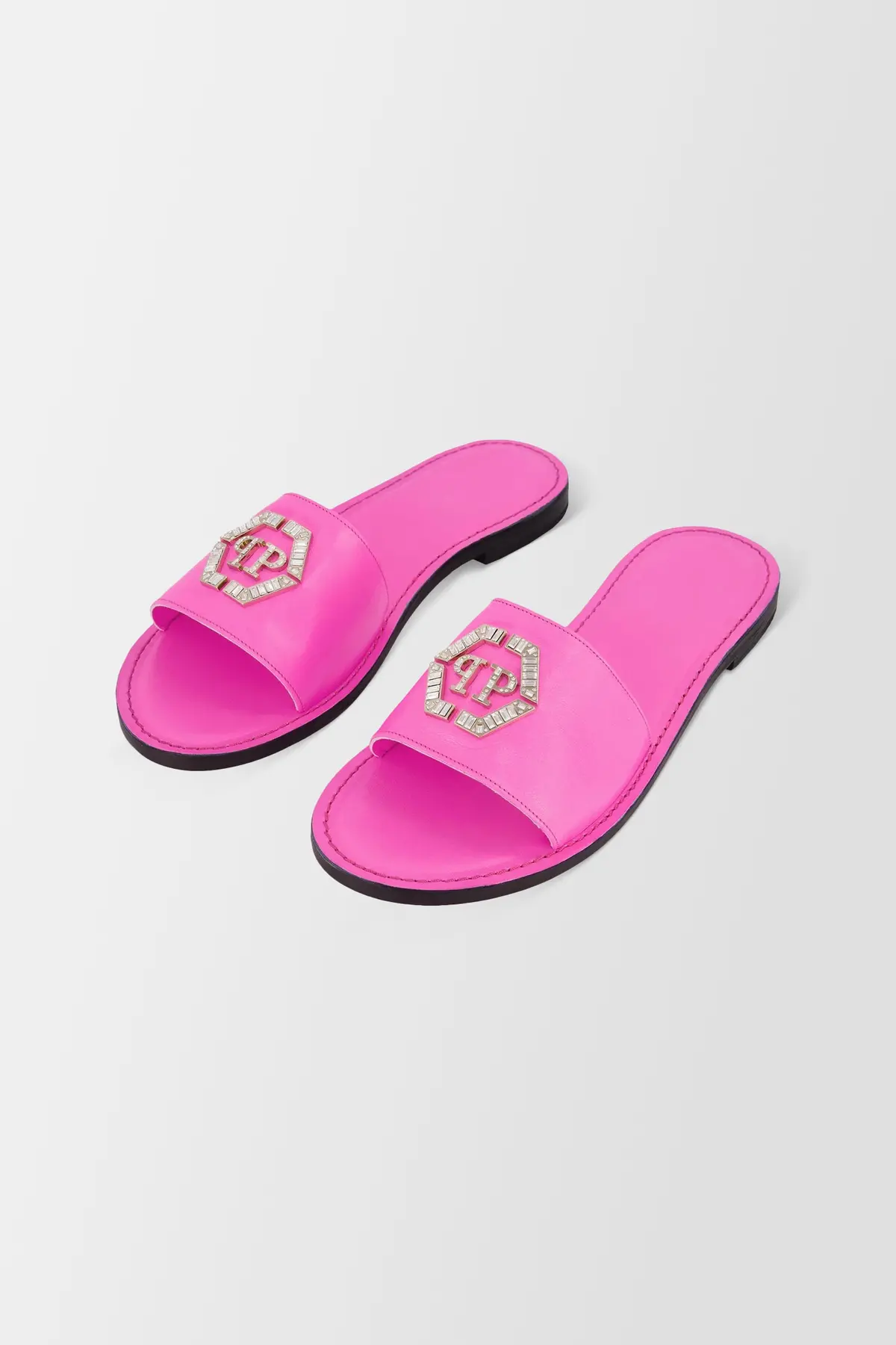Philipp Plein Pink Leather Hexagon Logo Flat Slides 1